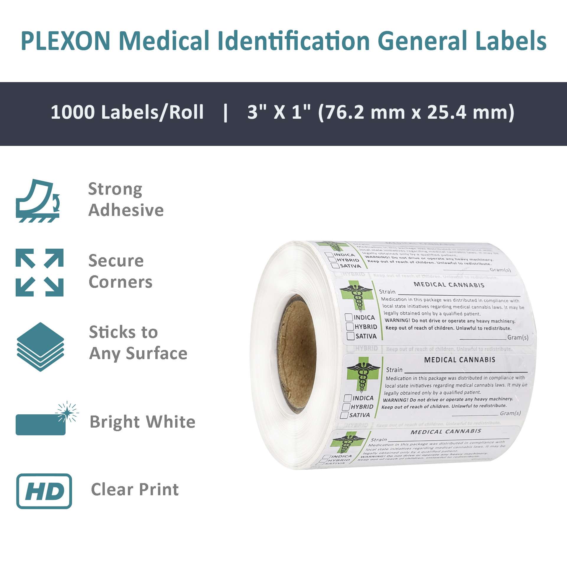 PLEXON Identification Generic Labels Universal Symbol Labels - All State Compliant, 3”x1” (1000 Labels per roll) - 2