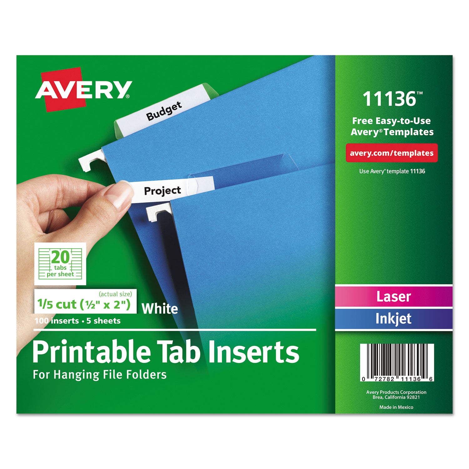 Tabs Inserts For Hanging File Folders, 1/5-Cut, White, 2" Wide, 100/Pack -