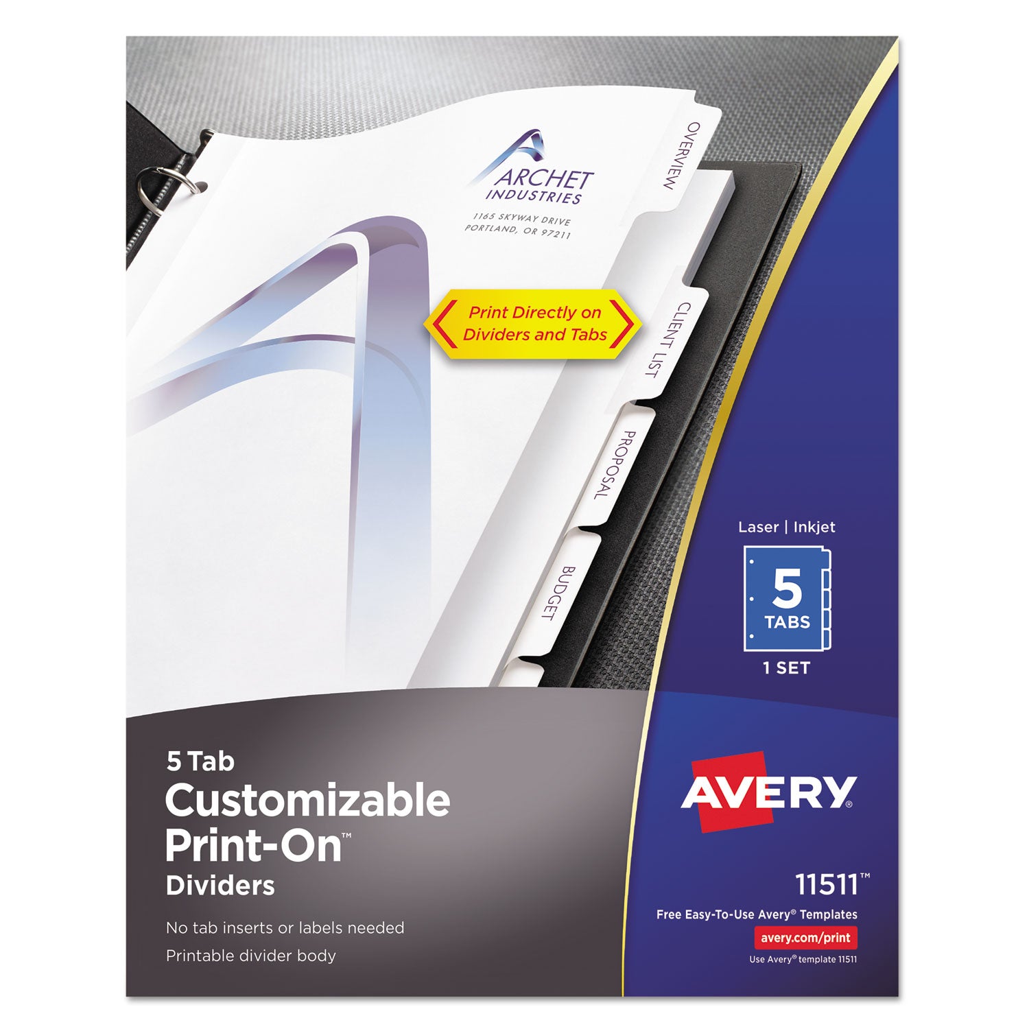 Customizable Print-On Dividers, 3-Hole Punched, 5-Tab, 11 x 8.5, White, 1 Set -