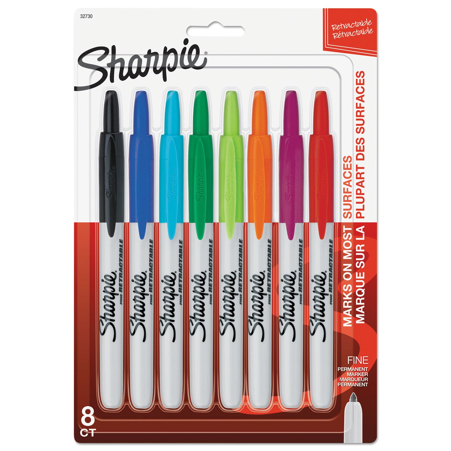 Retractable Permanent Marker, Fine Bullet Tip, Assorted Colors, 8/Set -
