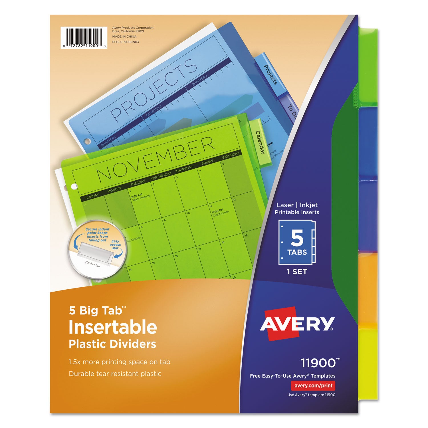 Insertable Big Tab Plastic Dividers, 5-Tab, 11 x 8.5, Assorted, 1 Set -