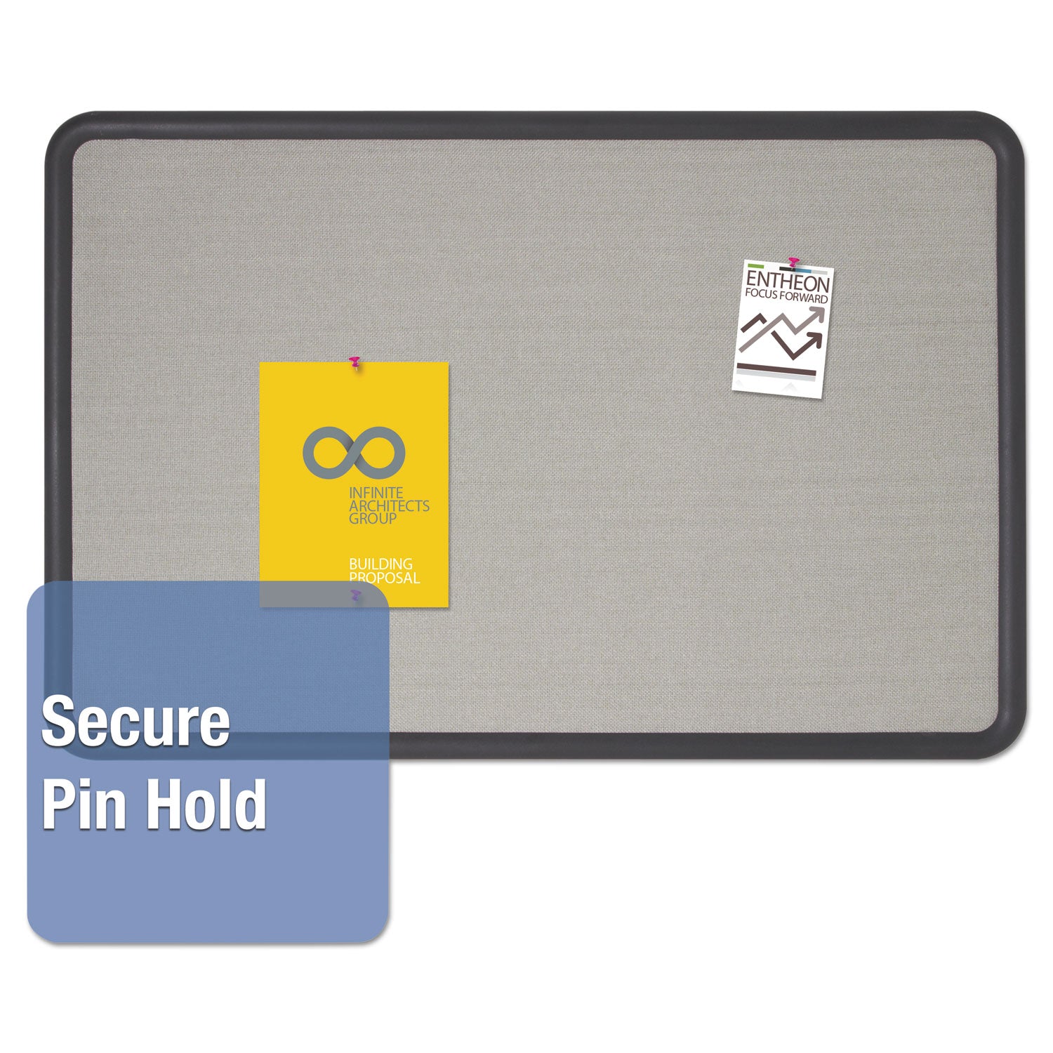 Contour Fabric Bulletin Board, 36 x 24, Gray Surface, Black Plastic Frame -