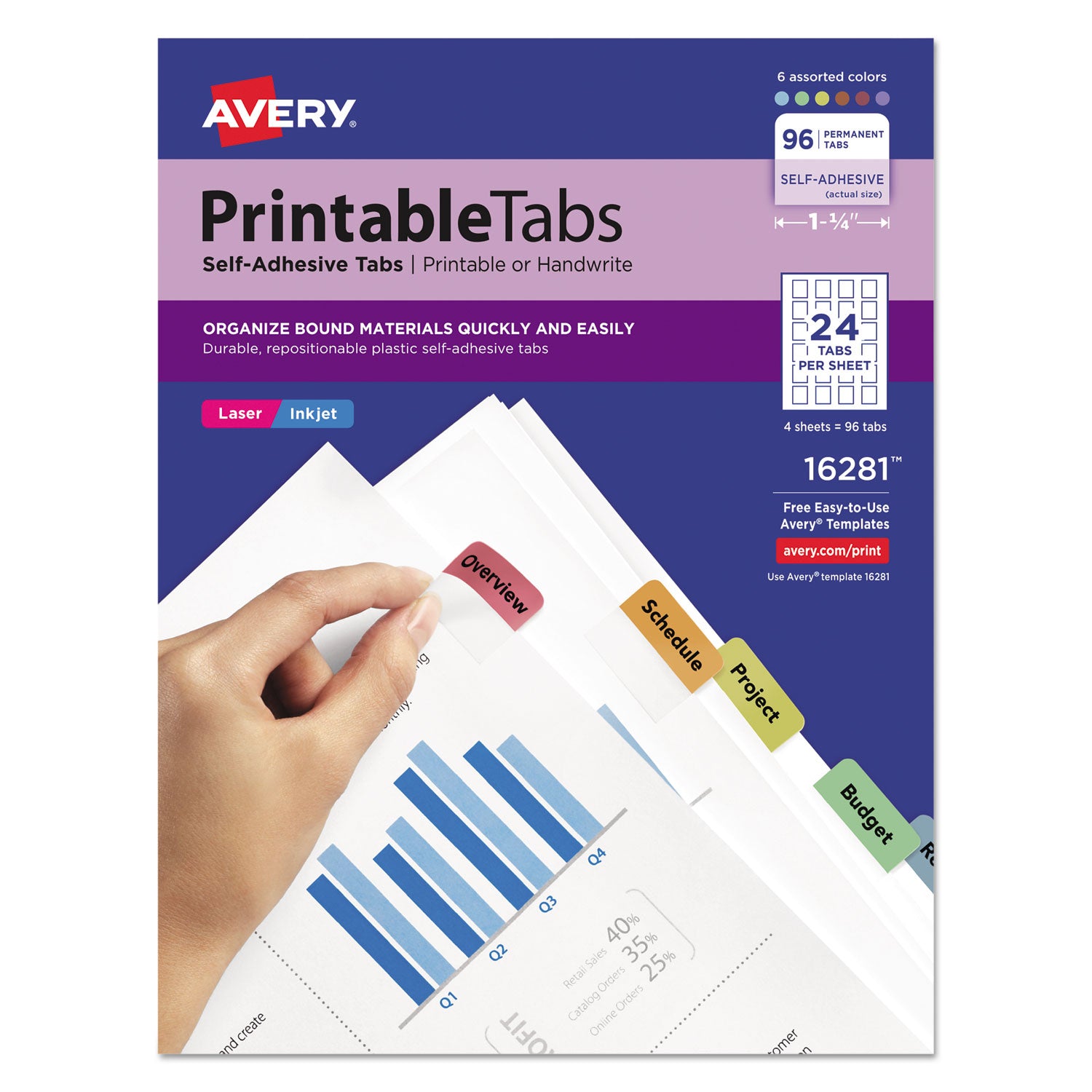 Printable Plastic Tabs with Repositionable Adhesive, 1/5-Cut, Assorted Colors, 1.25" Wide, 96/Pack -