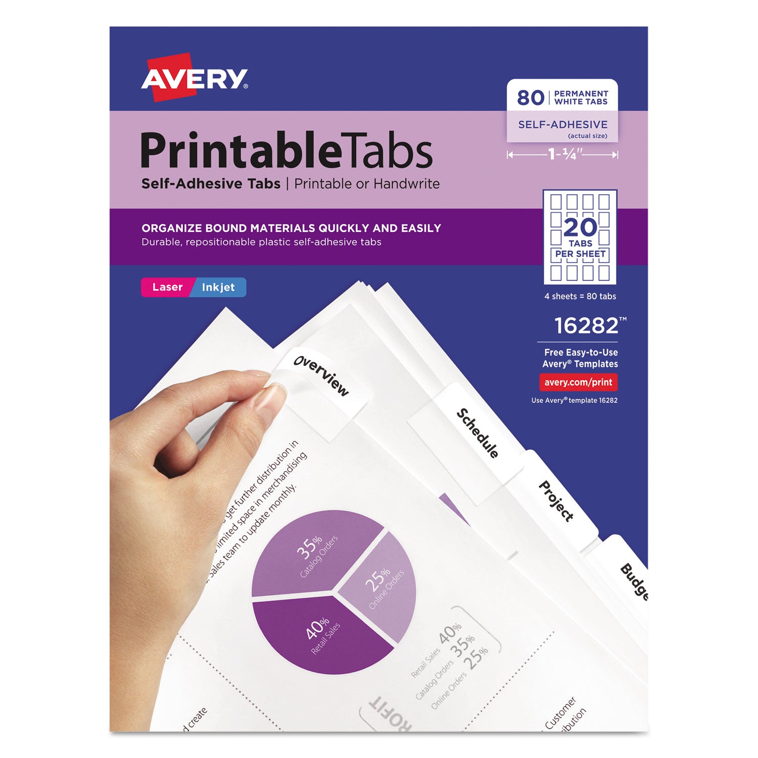 Printable Plastic Tabs with Repositionable Adhesive, 1/5-Cut, White, 1.75" Wide, 80/Pack -