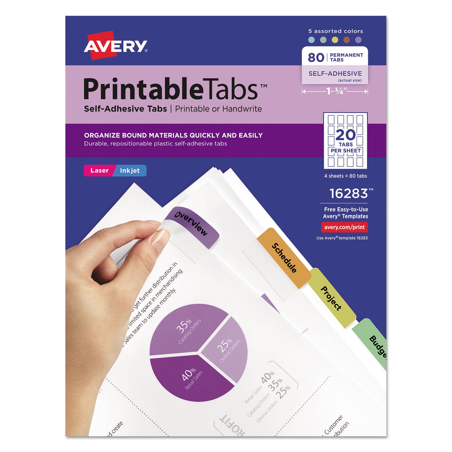 Printable Plastic Tabs with Repositionable Adhesive, 1/5-Cut, Assorted Colors, 1.75" Wide, 80/Pack -