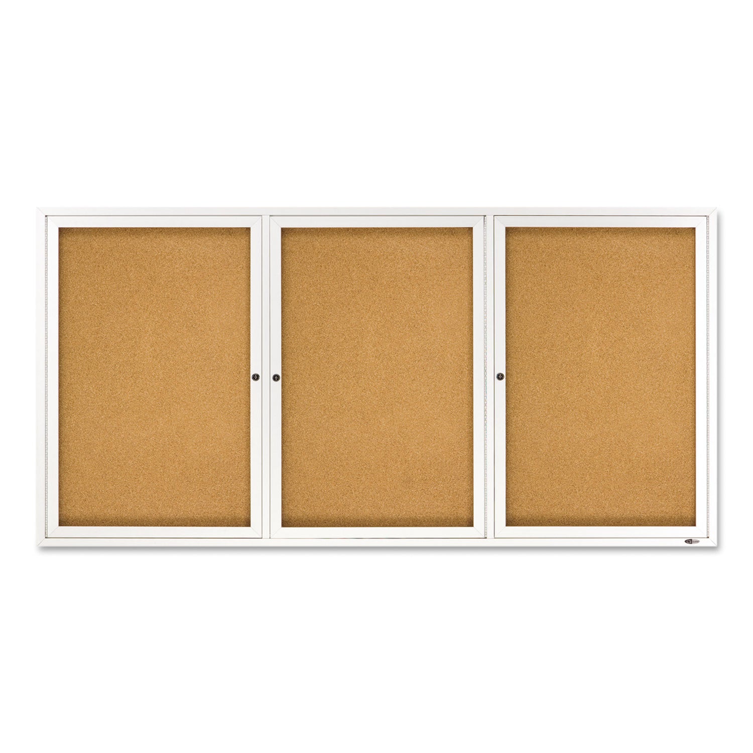 Enclosed Indoor Cork Bulletin Board with Three Hinged Doors, 72 x 36, Tan Surface, Silver Aluminum Frame -