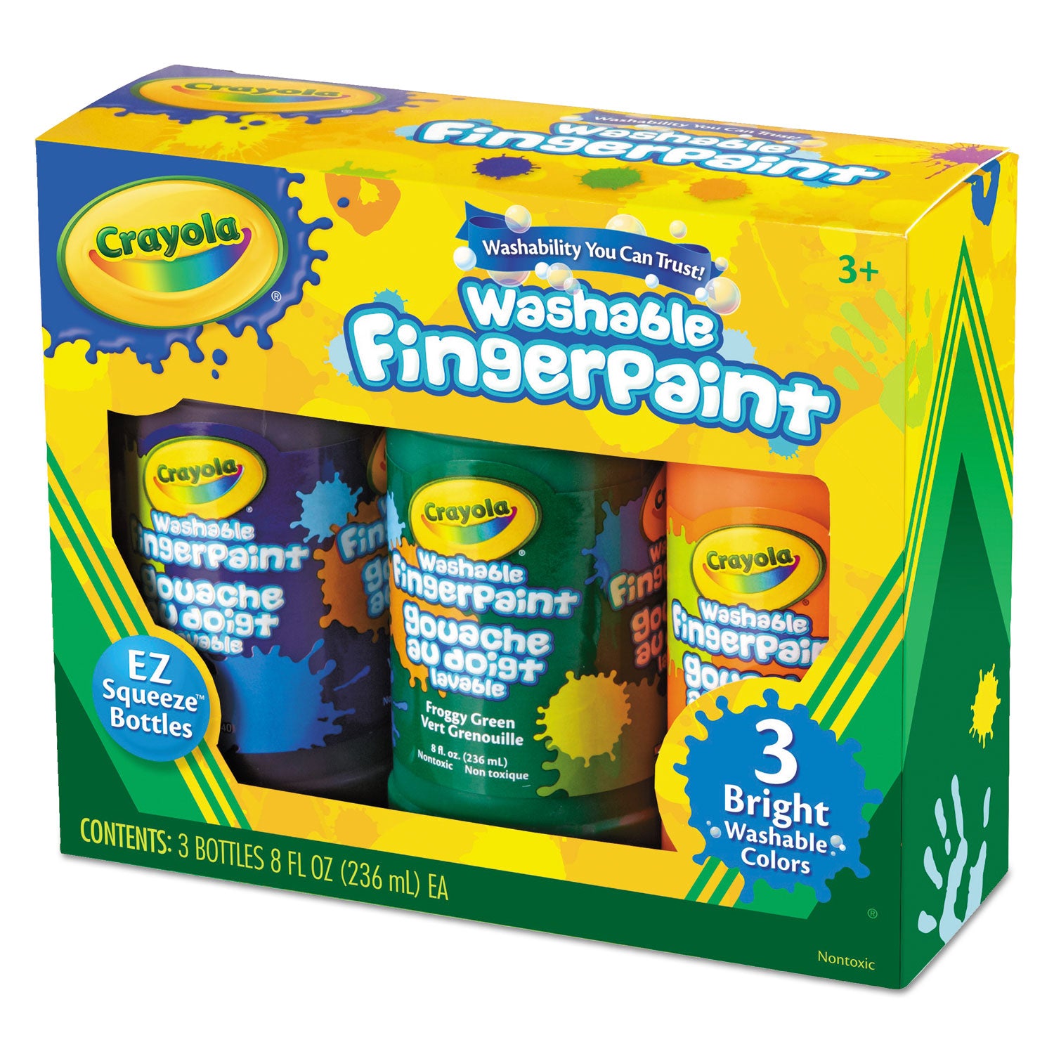 Washable Fingerpaint Pack, 3 Assorted Bright Colors, 8 oz Tube, 3/Box -