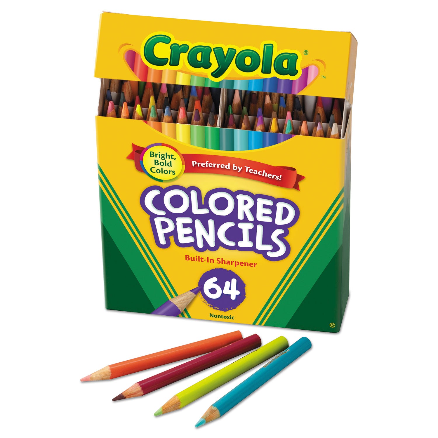 Short Colored Pencils Hinged Top Box with Built-in Pencil Sharpener, 3.3 mm, 2B, Assorted Lead and Barrel Colors, 64/Pack -