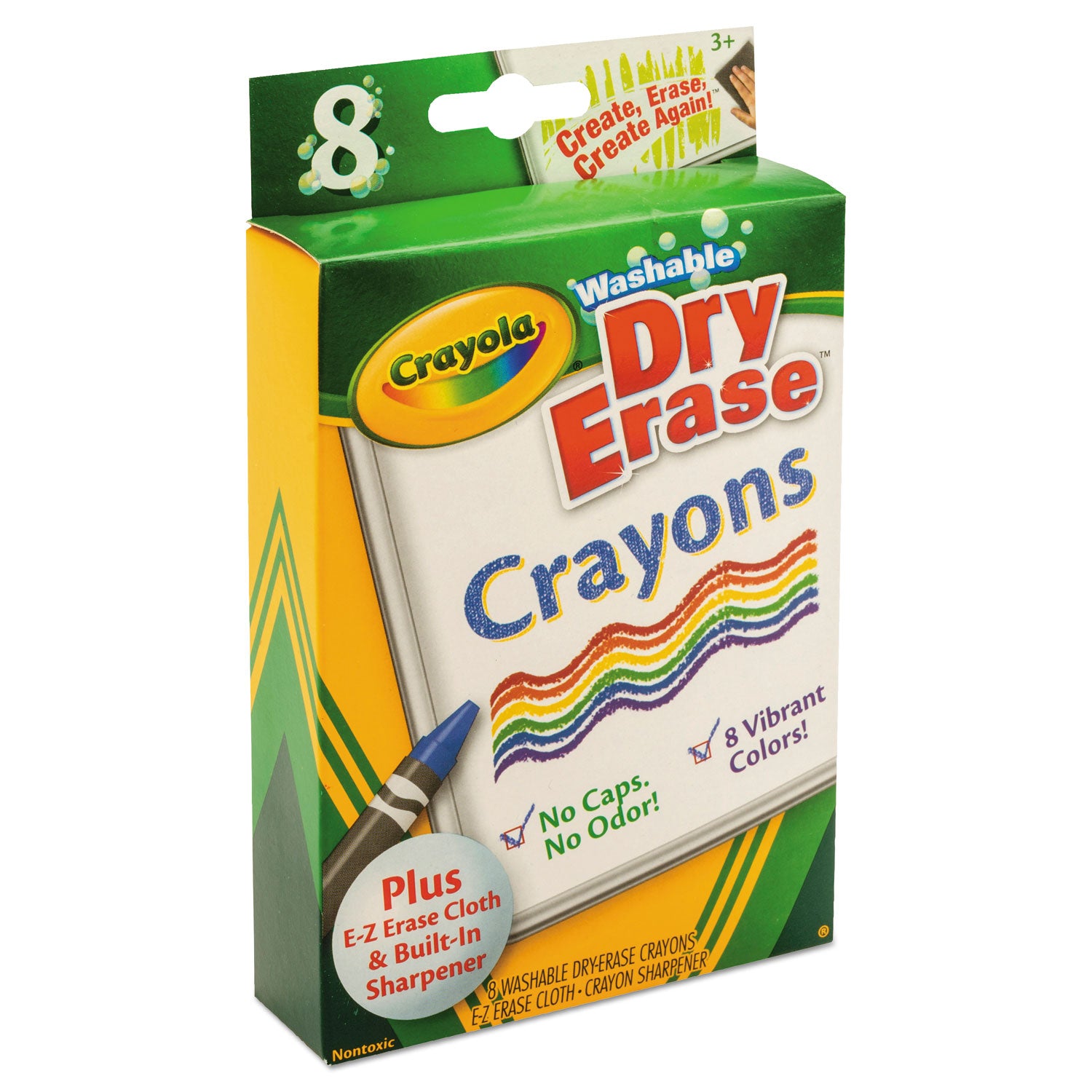 Washable Dry Erase Crayons w/E-Z Erase Cloth, Assorted Colors, 8/Pack -
