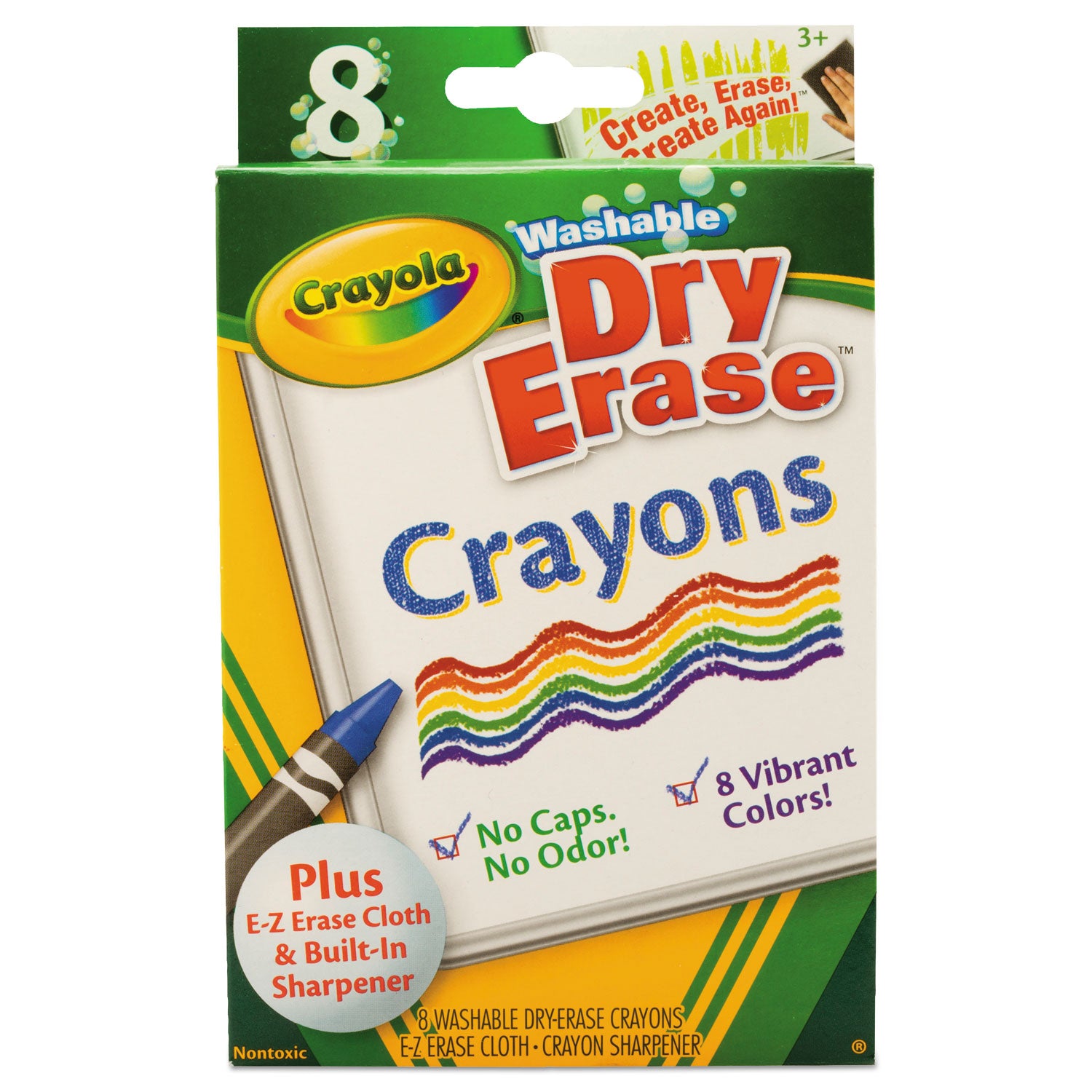 Washable Dry Erase Crayons w/E-Z Erase Cloth, Assorted Colors, 8/Pack -
