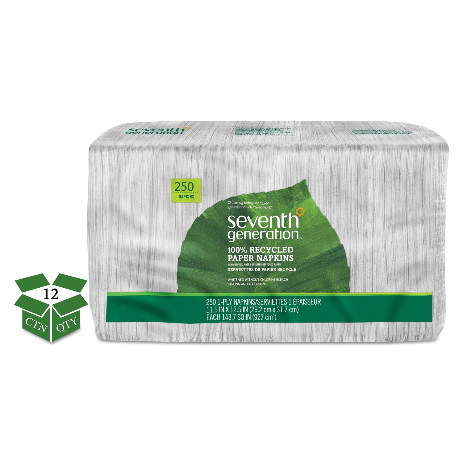 100% Recycled Napkins, 1-Ply, 11 1/2 x 12 1/2, White, 250/Pack, 12 Packs/Carton -