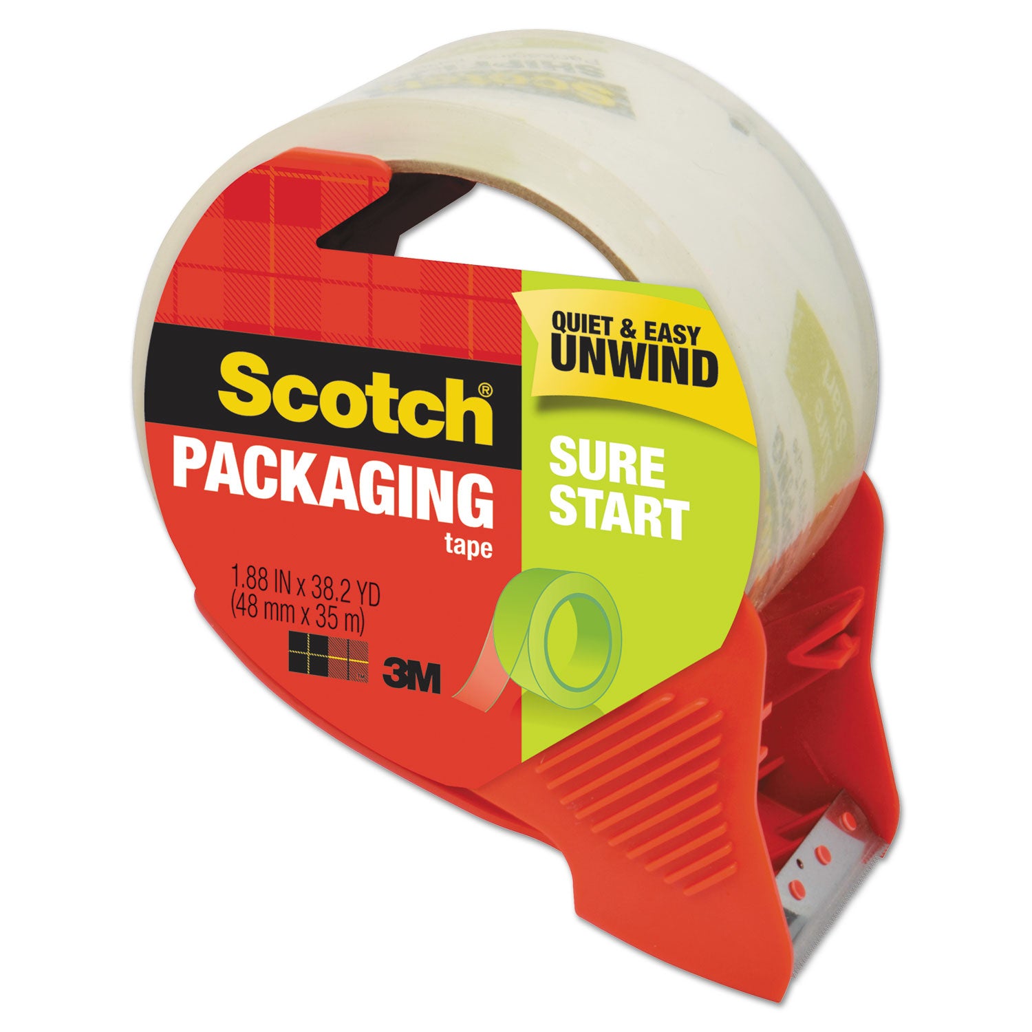 Sure Start Packaging Tape with Dispenser, 3" Core, 1.88" x 38.2 yds, Clear -