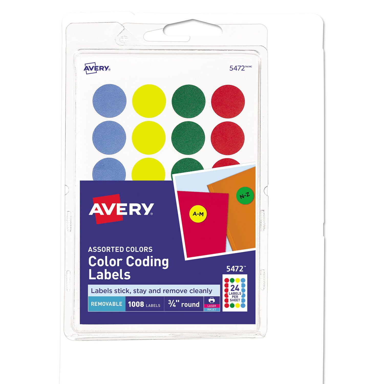 Printable Self-Adhesive Removable Color-Coding Labels, 0.75" dia, Assorted Colors, 24/Sheet, 42 Sheets/Pack, (5472) -