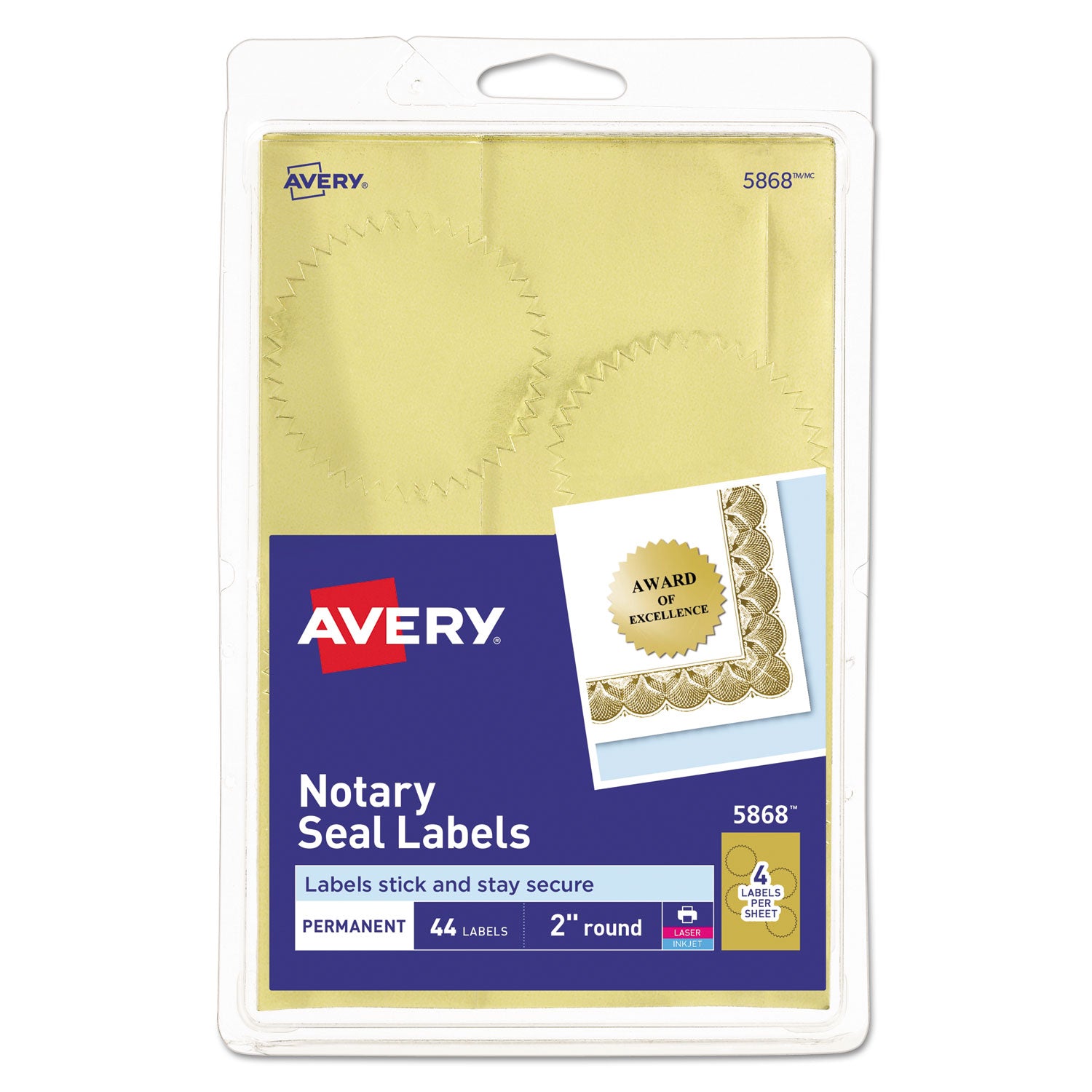 Printable Gold Foil Seals, 2" dia, Gold, 4/Sheet, 11 Sheets/Pack, (5868) -