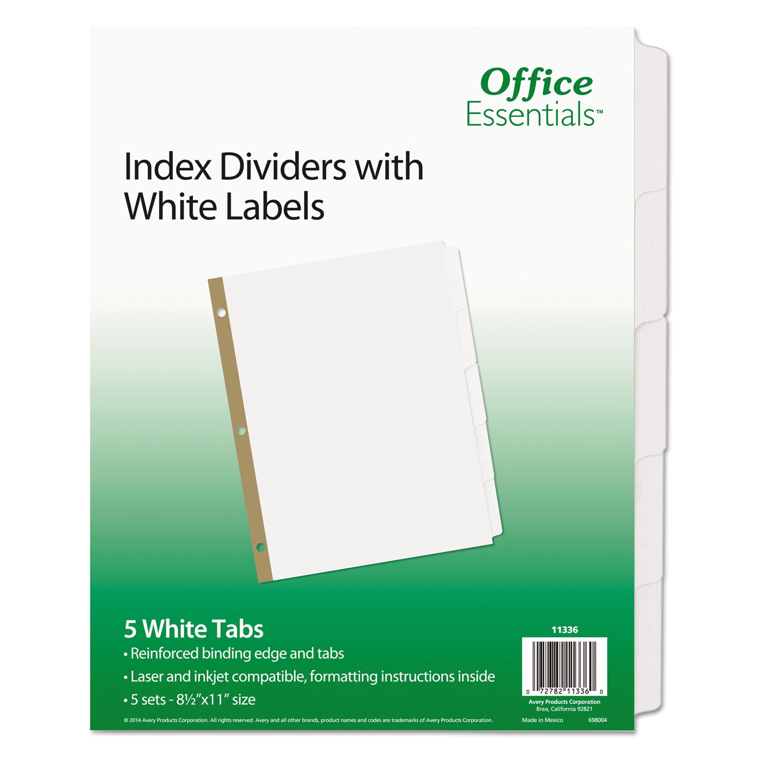 Index Dividers with White Labels, 5-Tab, 11 x 8.5, White, 5 Sets -