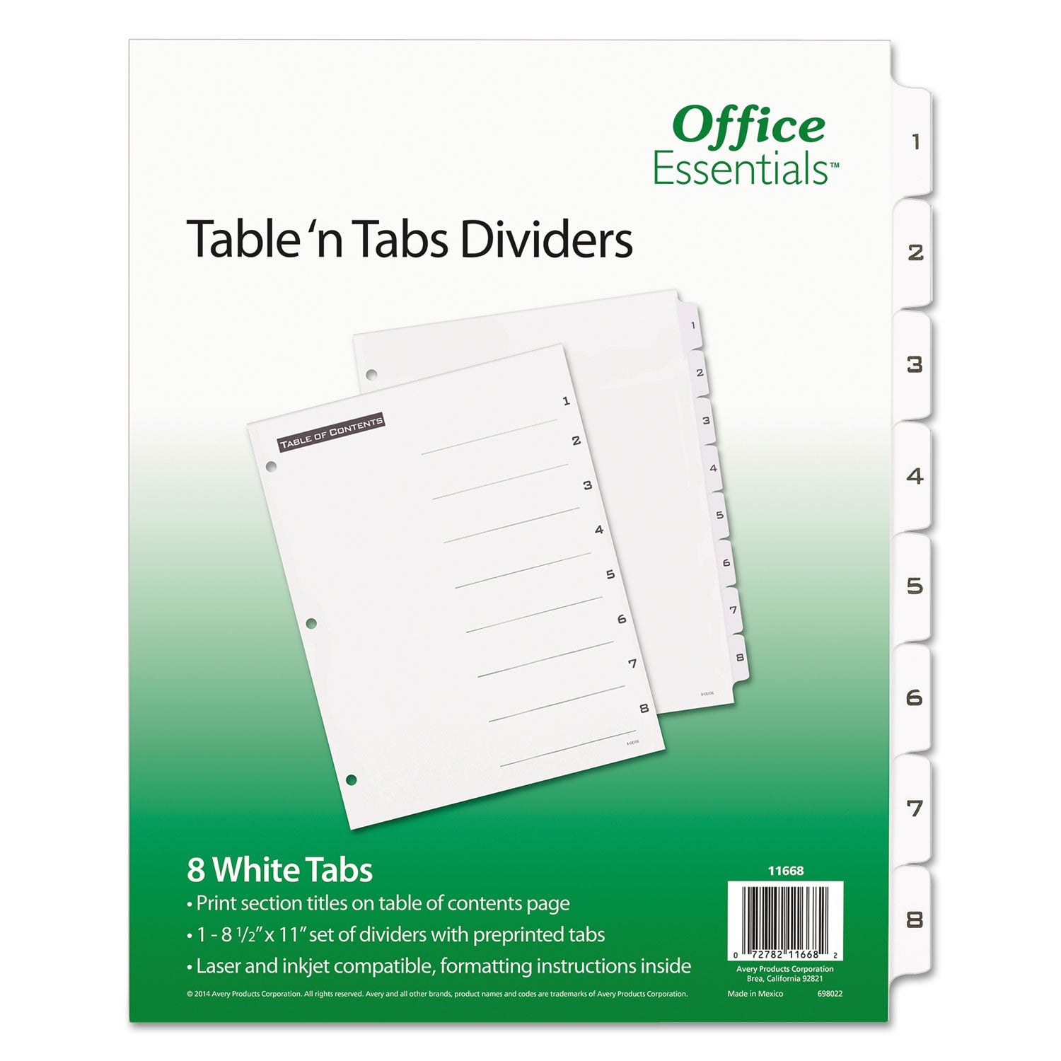 Table 'n Tabs Dividers, 8-Tab, 1 to 8, 11 x 8.5, White, White Tabs, 1 Set -