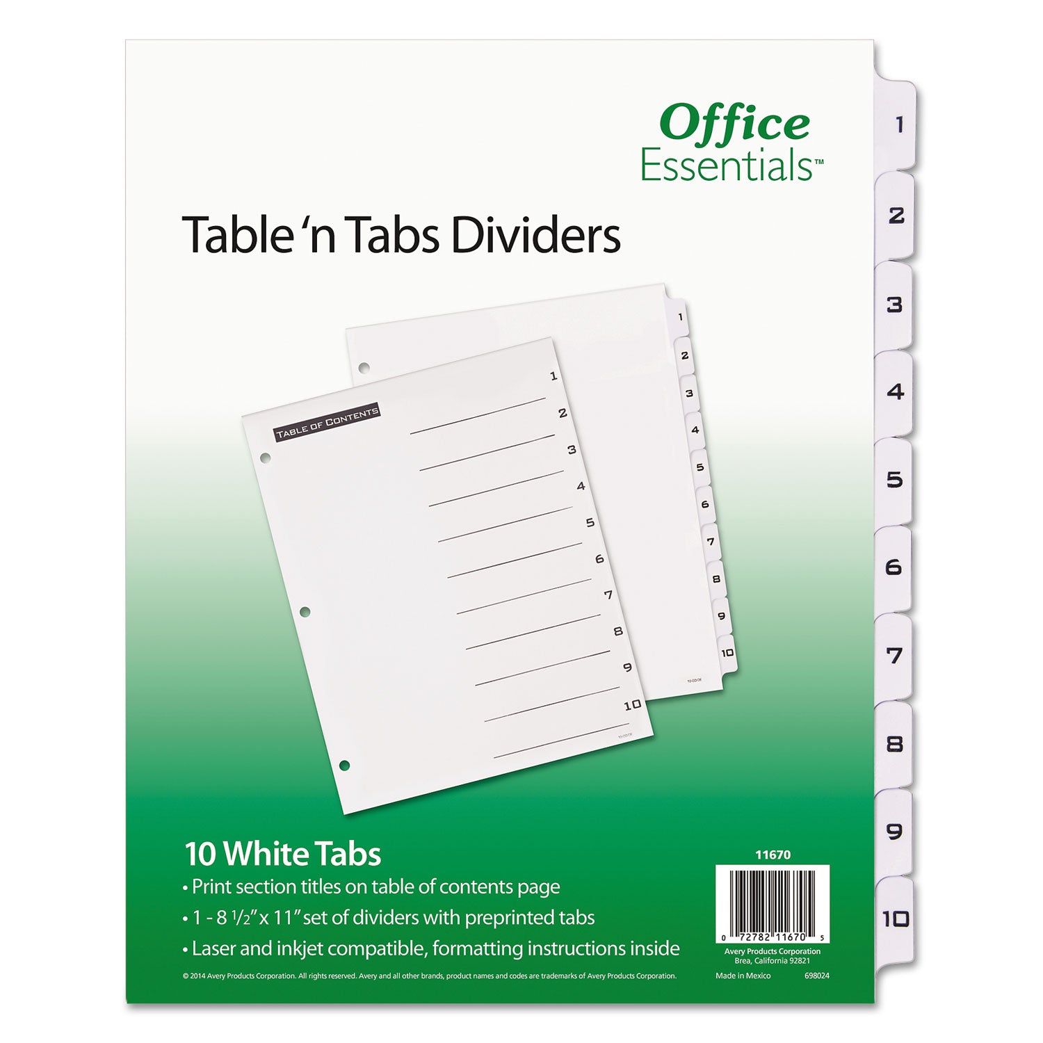 Table 'n Tabs Dividers, 10-Tab, 1 to 10, 11 x 8.5, White, White Tabs, 1 Set -