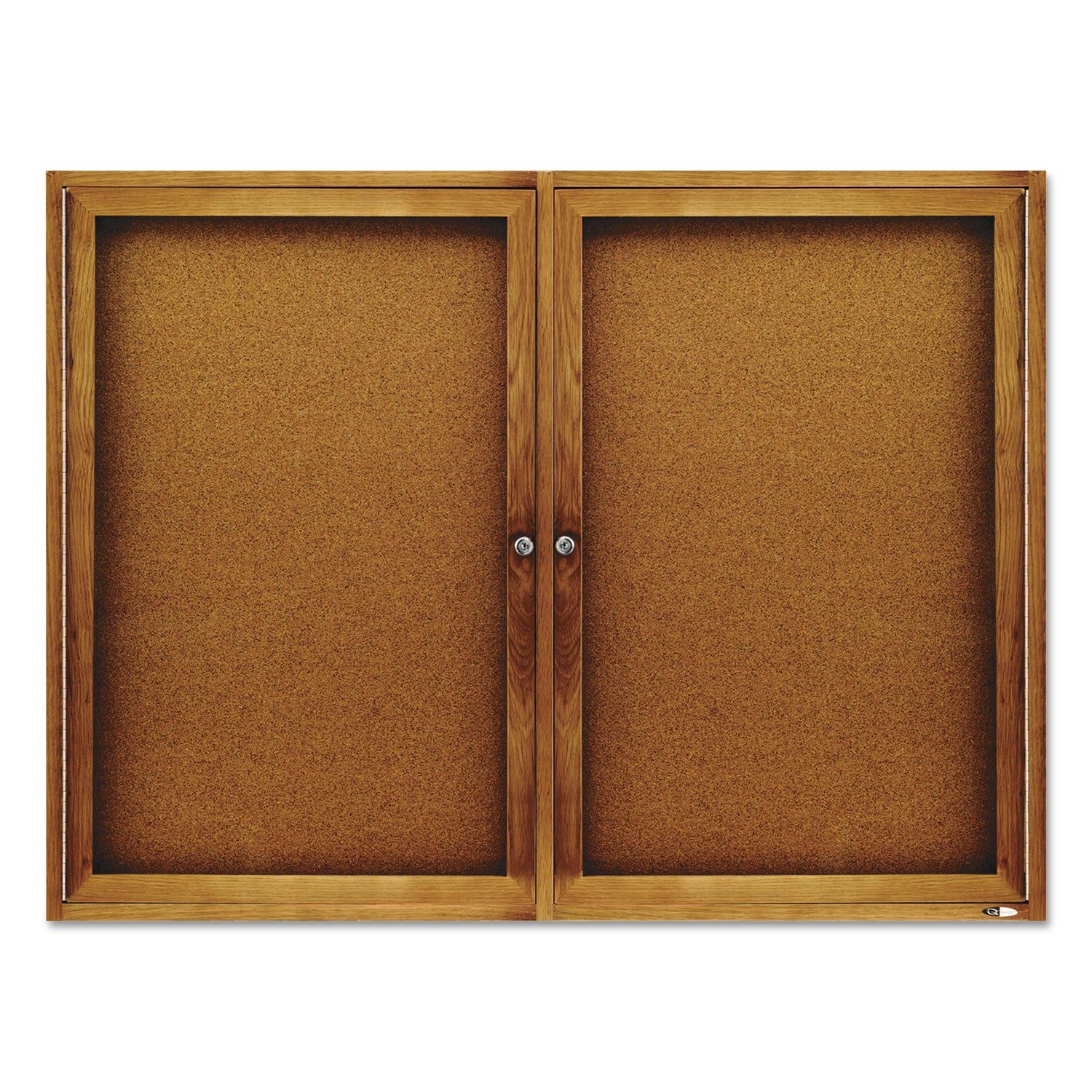 Enclosed Indoor Cork Bulletin Board with Two Hinged Doors, 48 x 36, Tan Surface, Oak Fiberboard Frame -