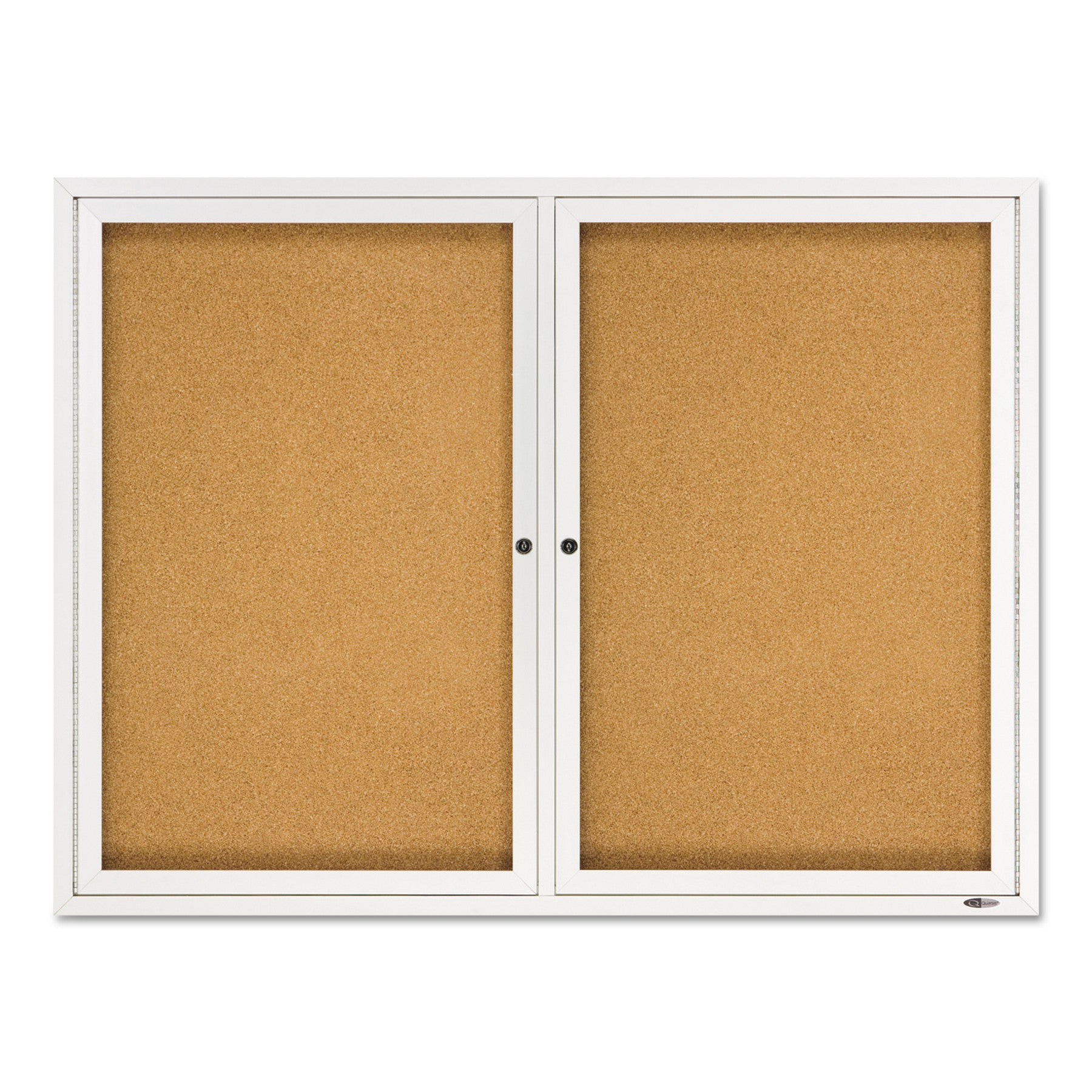 Enclosed Indoor Cork Bulletin Board with Two Hinged Doors, 48 x 36, Tan Surface, Silver Aluminum Frame -