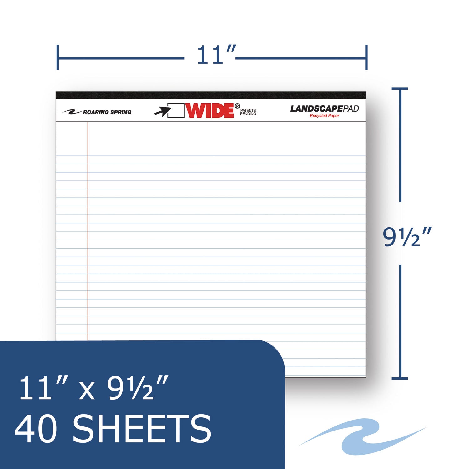 WIDE Landscape Format Writing Pad, Unpunched with Standard Back, Medium/College Rule, 40 White 11 x 9.5 Sheets -