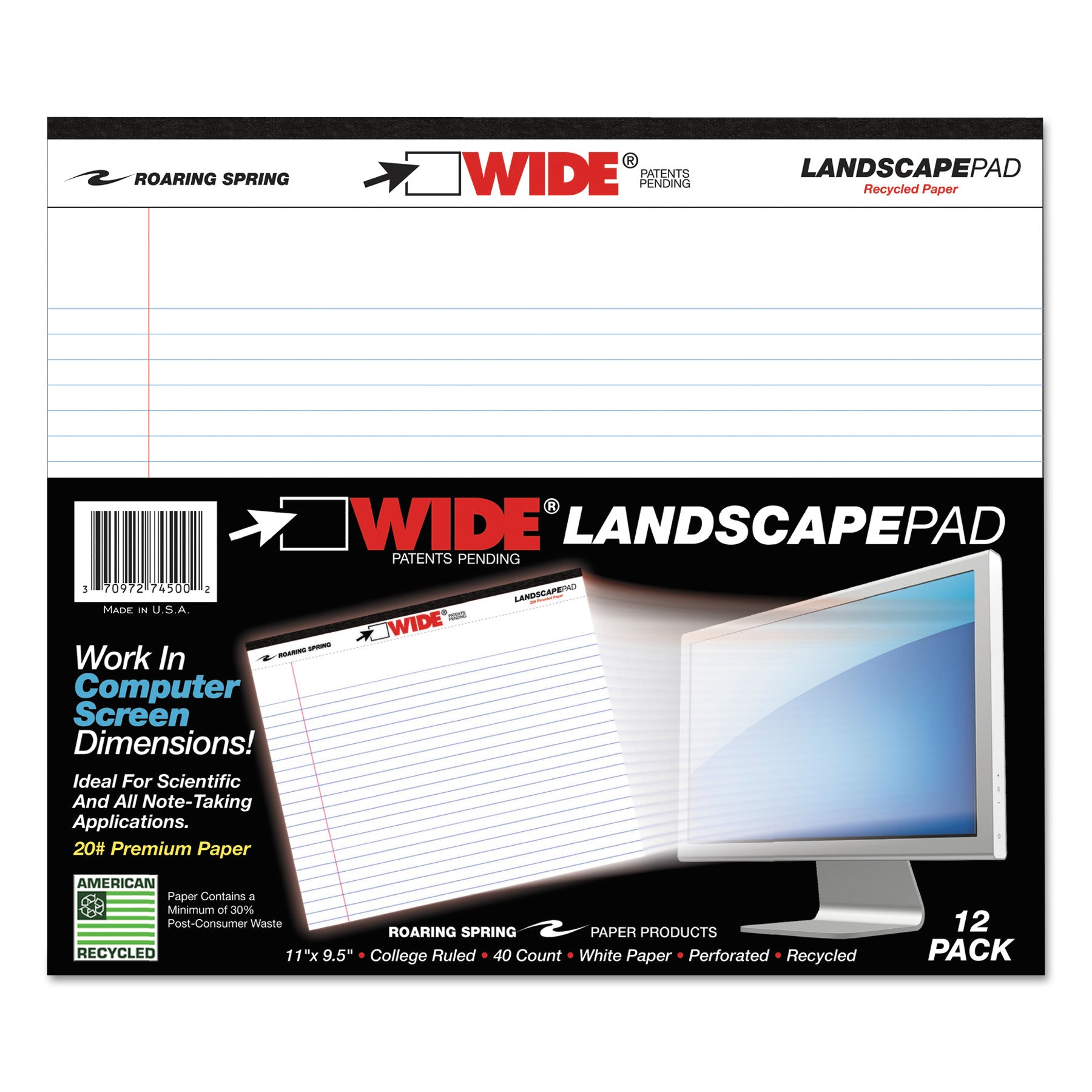 WIDE Landscape Format Writing Pad, Unpunched with Standard Back, Medium/College Rule, 40 White 11 x 9.5 Sheets -