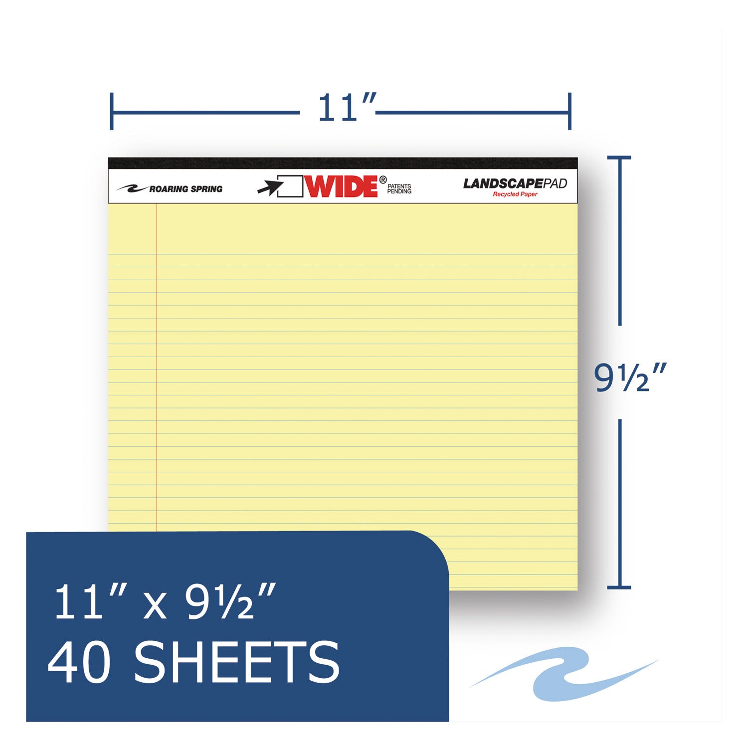 WIDE Landscape Format Writing Pad, Unpunched with Standard Back, Medium/College Rule, 40 Canary-Yellow 11 x 9.5 Sheets -