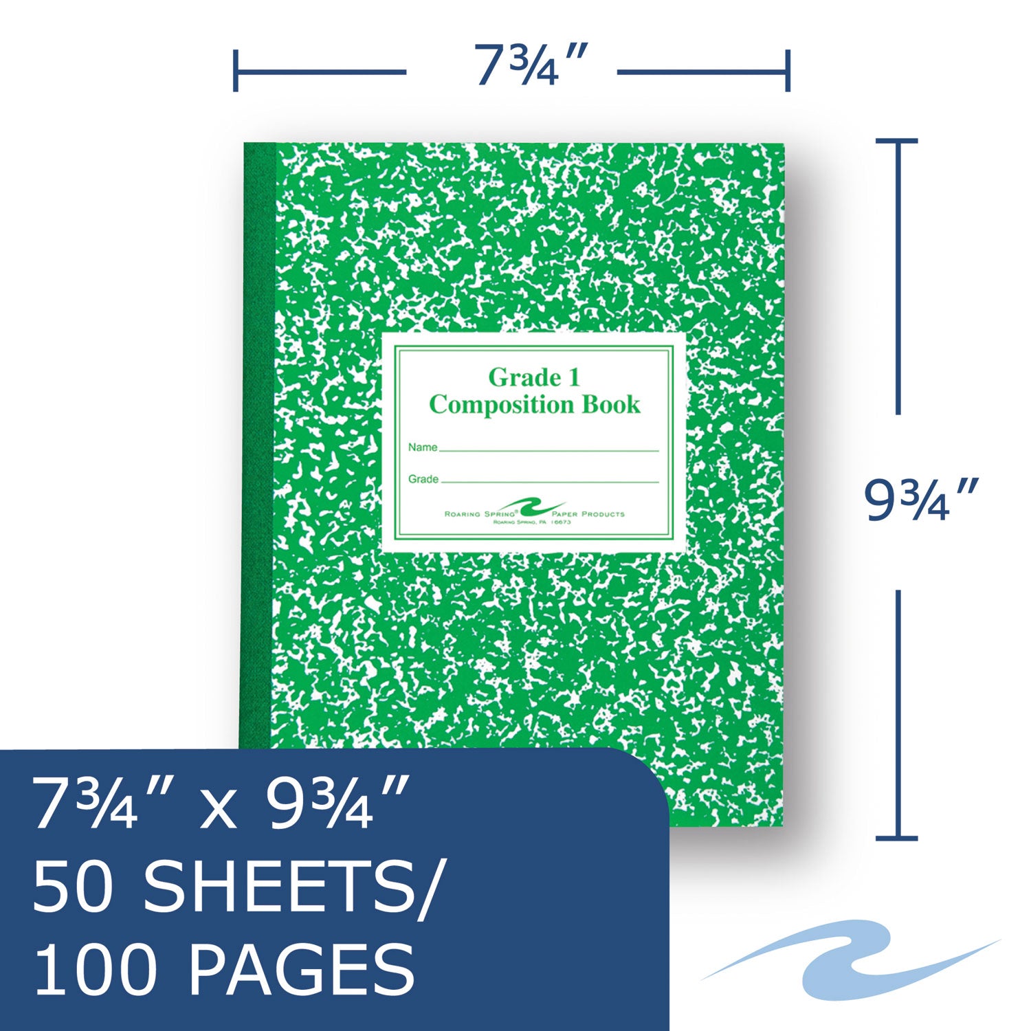 Grade School Ruled Composition Book, Grade 1 Manuscript Format, Green Cover, (50) 9.75 x 7.75 Sheets -