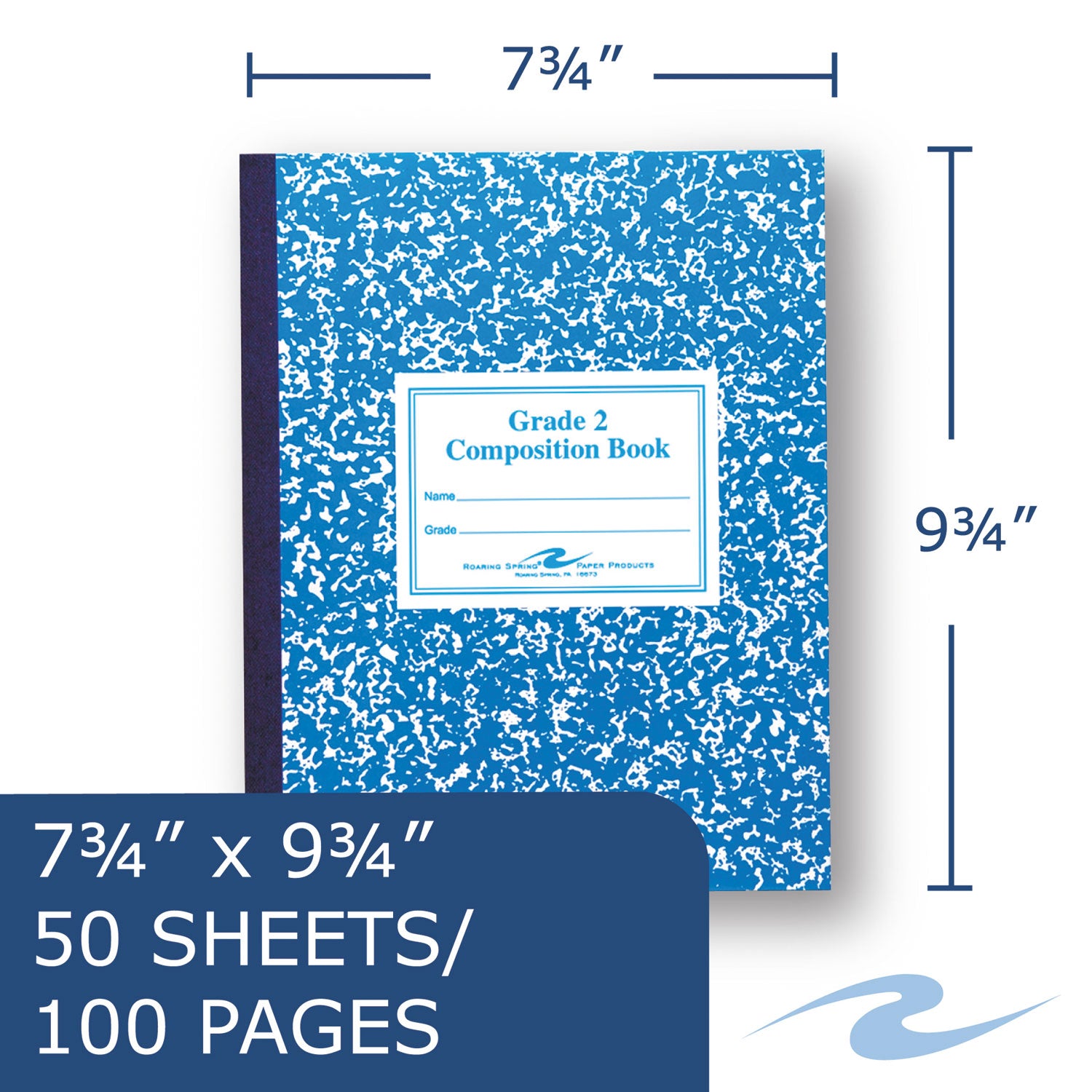 Grade School Ruled Composition Book, Grade 2 Manuscript Format, Blue Cover, (50) 9.75 x 7.75 Sheets -