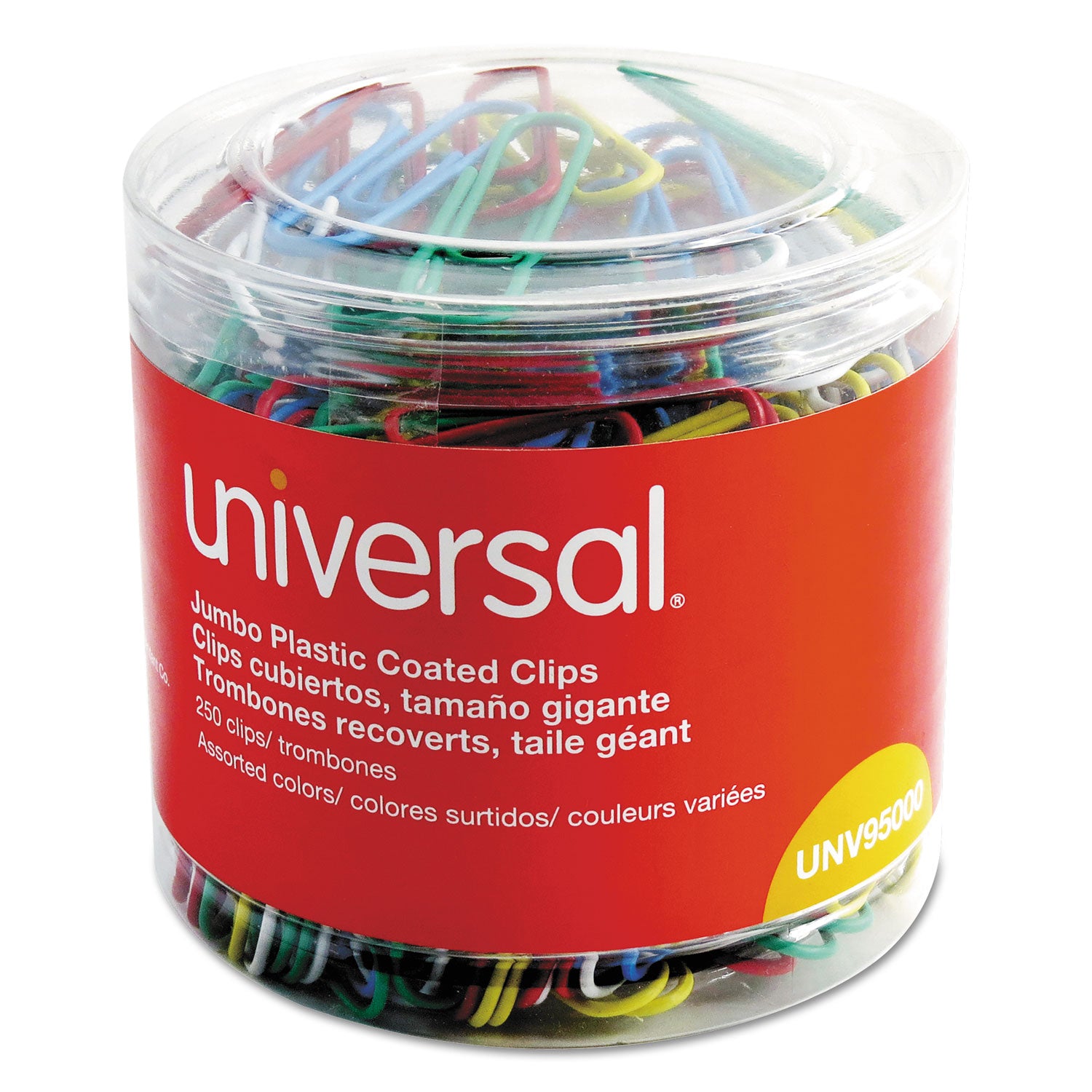 Plastic-Coated Paper Clips with One-Compartment Dispenser Tub, Jumbo, Assorted Colors, 250/Pack -