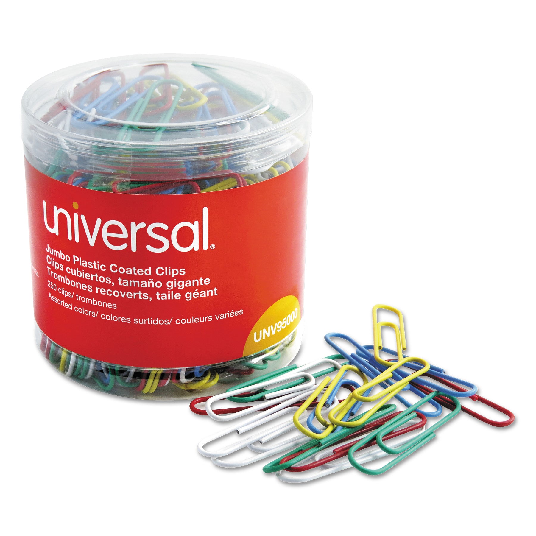 Plastic-Coated Paper Clips with One-Compartment Dispenser Tub, Jumbo, Assorted Colors, 250/Pack -