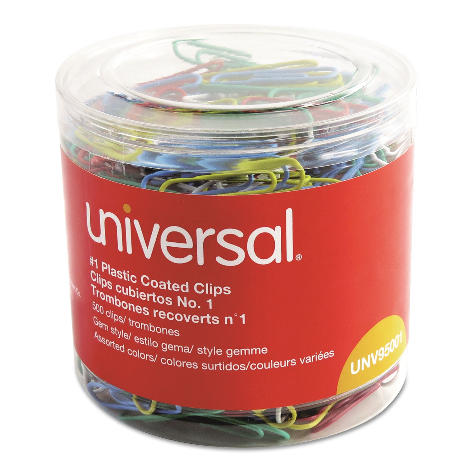 Plastic-Coated Paper Clips with One-Compartment Dispenser Tub, #1, Assorted Colors, 500/Pack -