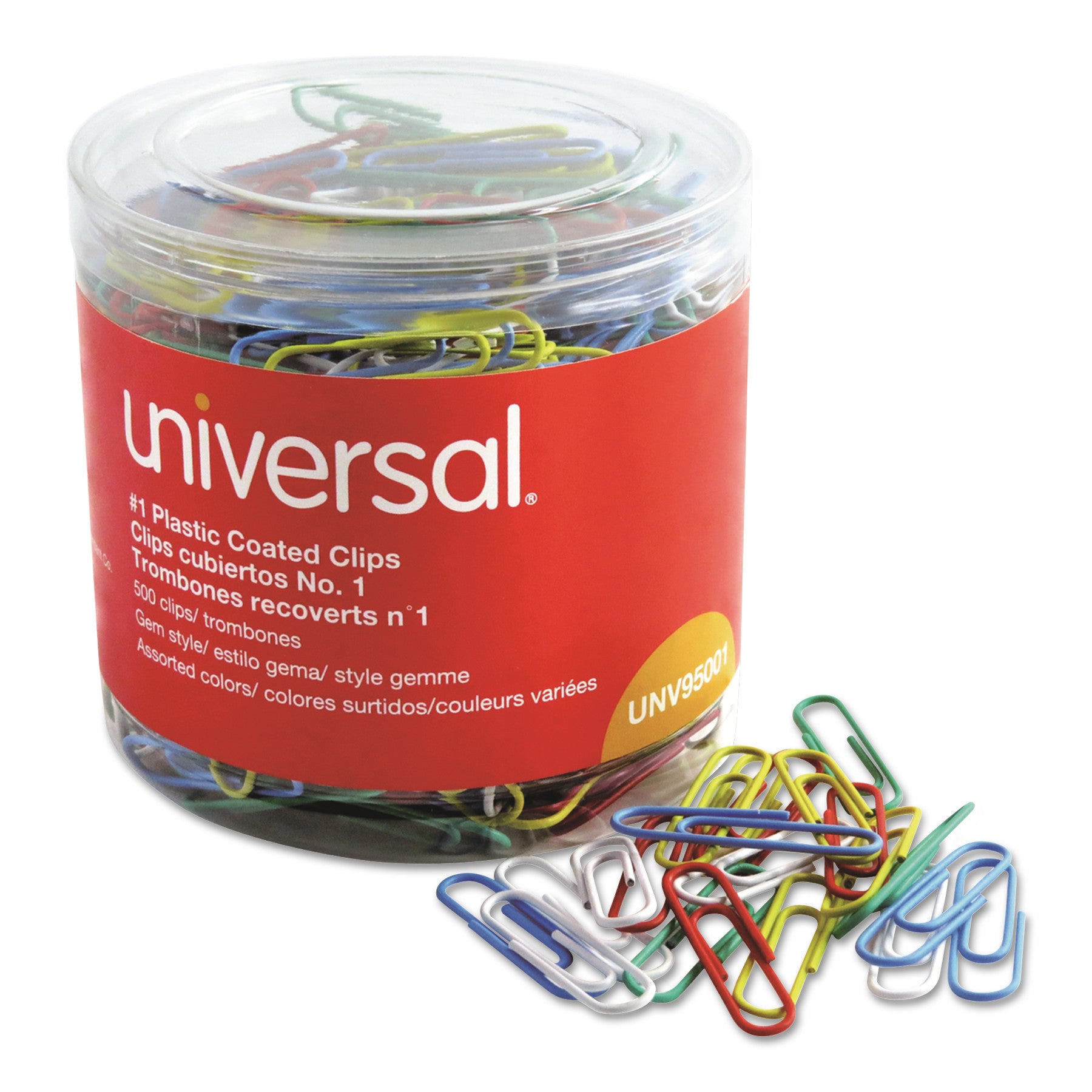 Plastic-Coated Paper Clips with One-Compartment Dispenser Tub, #1, Assorted Colors, 500/Pack -