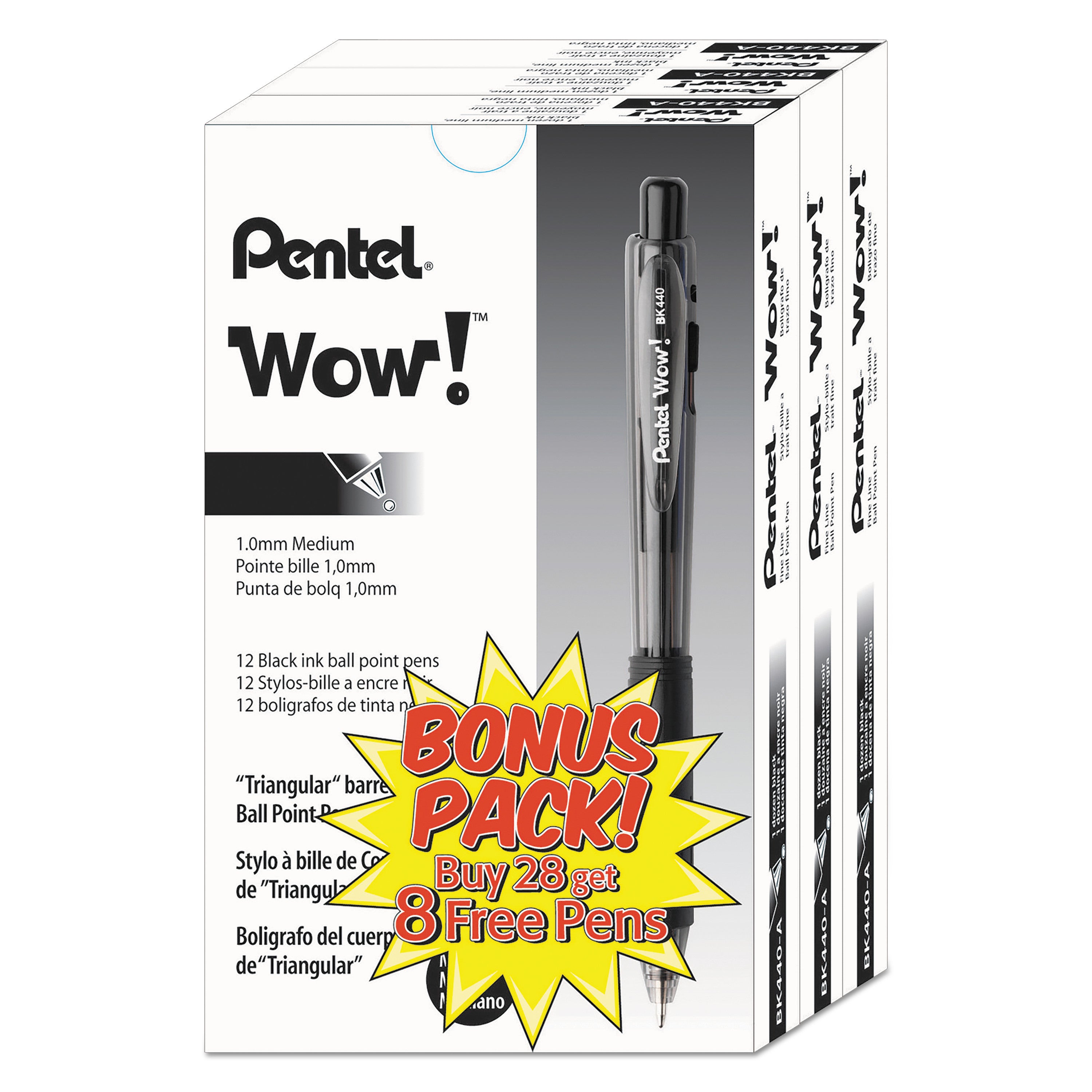 WOW! Ballpoint Pen Value Pack, Retractable, Medium 1 mm, Black Ink, Smoke/Black Barrel, 36/Pack -