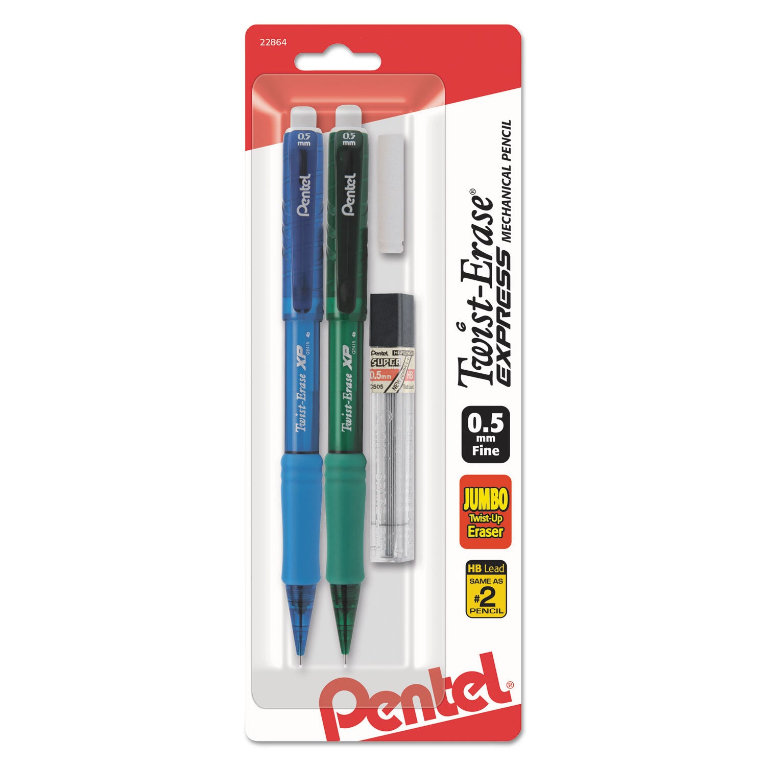 Twist-Erase EXPRESS Mechanical Pencils with Tube of Leads/Eraser, 0.5 mm, HB (#2), Black Lead, (2) Assorted Barrel Colors -