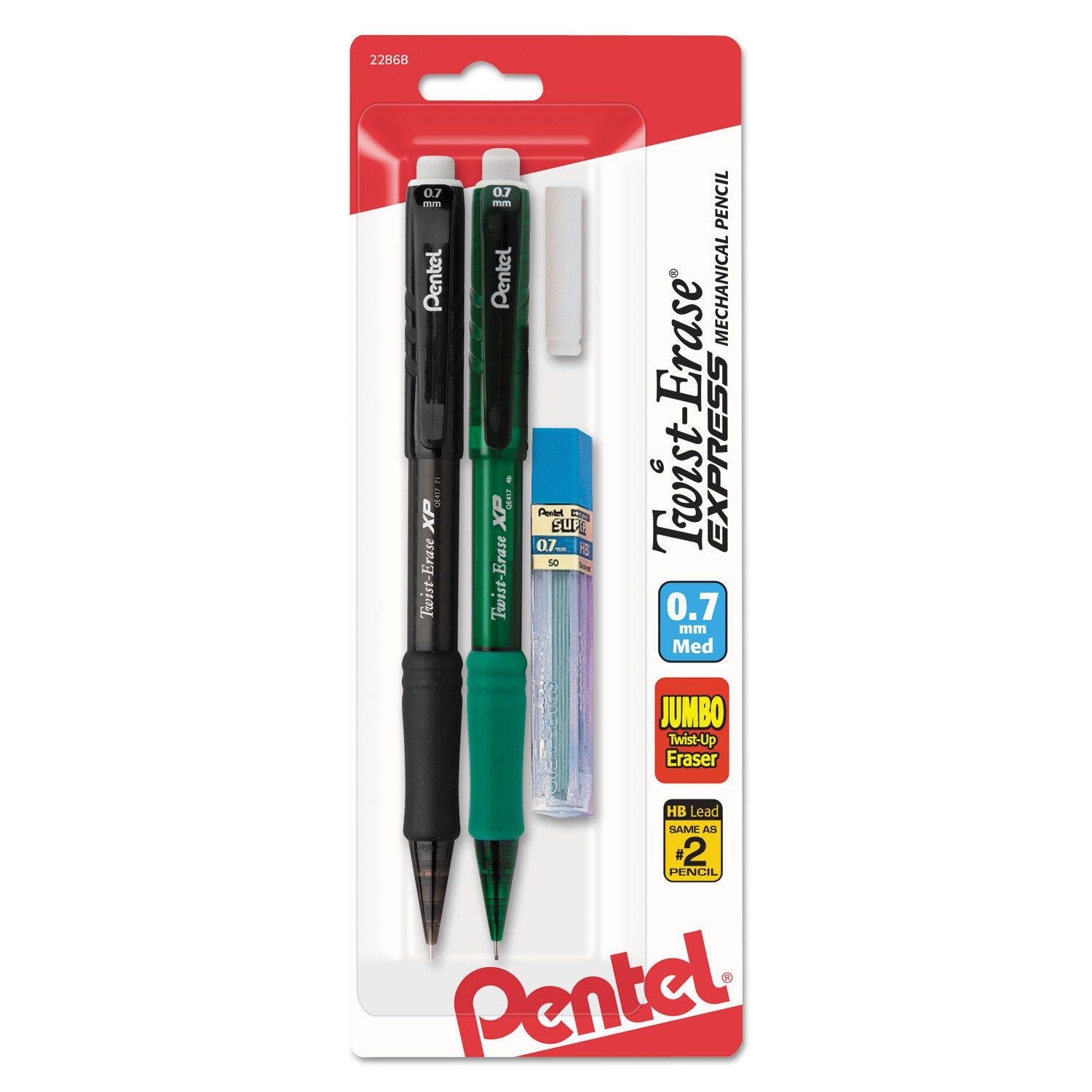 Twist-Erase EXPRESS Mechanical Pencils with Tube of Lead/Eraser, 0.7 mm, HB (#2), Black Lead, Assorted Barrel Colors, 2/Pack -