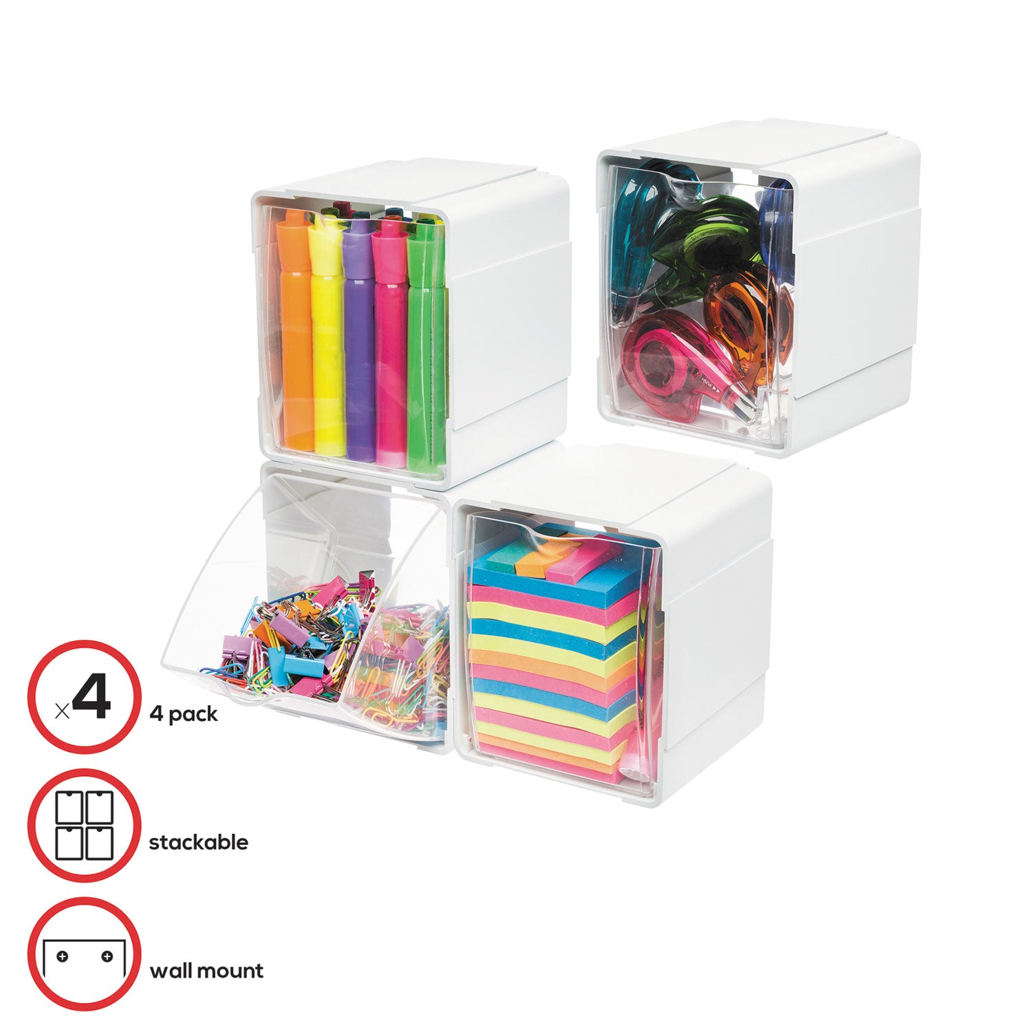 Tilt Bin Interlocking 4-Bin Organizer, Plastic, 4.63 x 4.88 x 5.5, White/Clear -