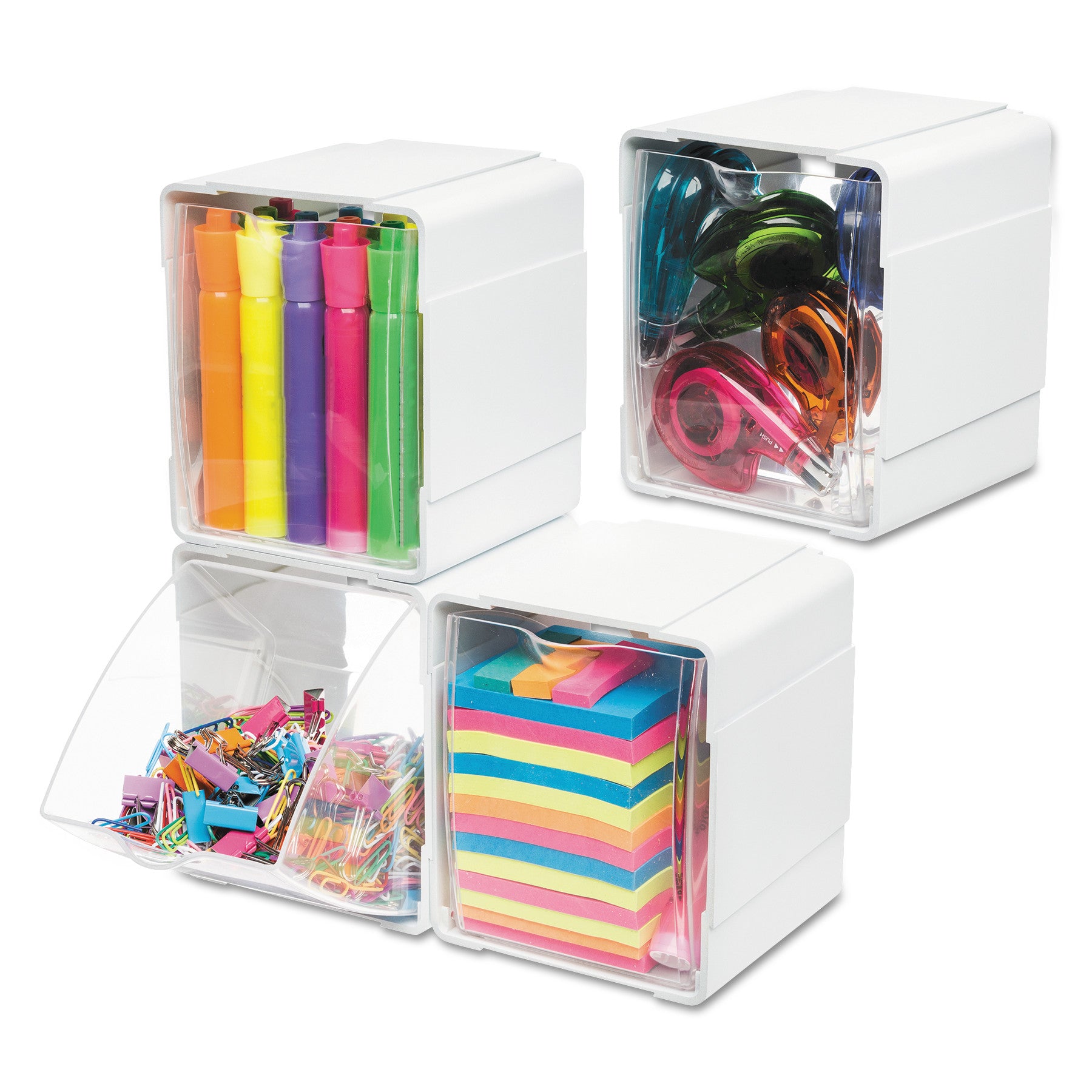 Tilt Bin Interlocking 4-Bin Organizer, Plastic, 4.63 x 4.88 x 5.5, White/Clear -
