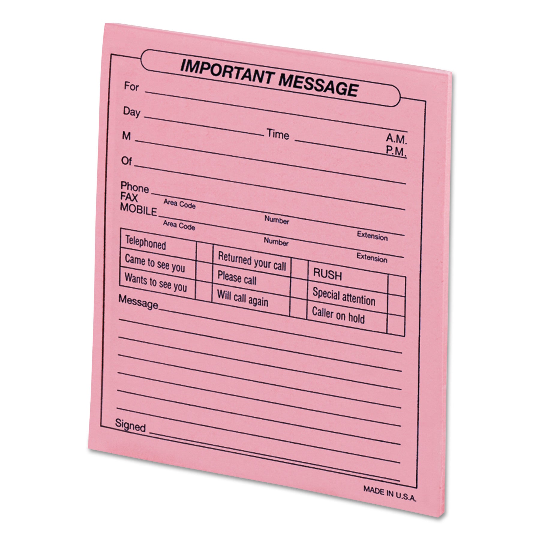 Important Message Pink Pads, One-Part (No Copies), 4.25 x 5.5, 50 Forms/Pad, 12 Pads/Pack -