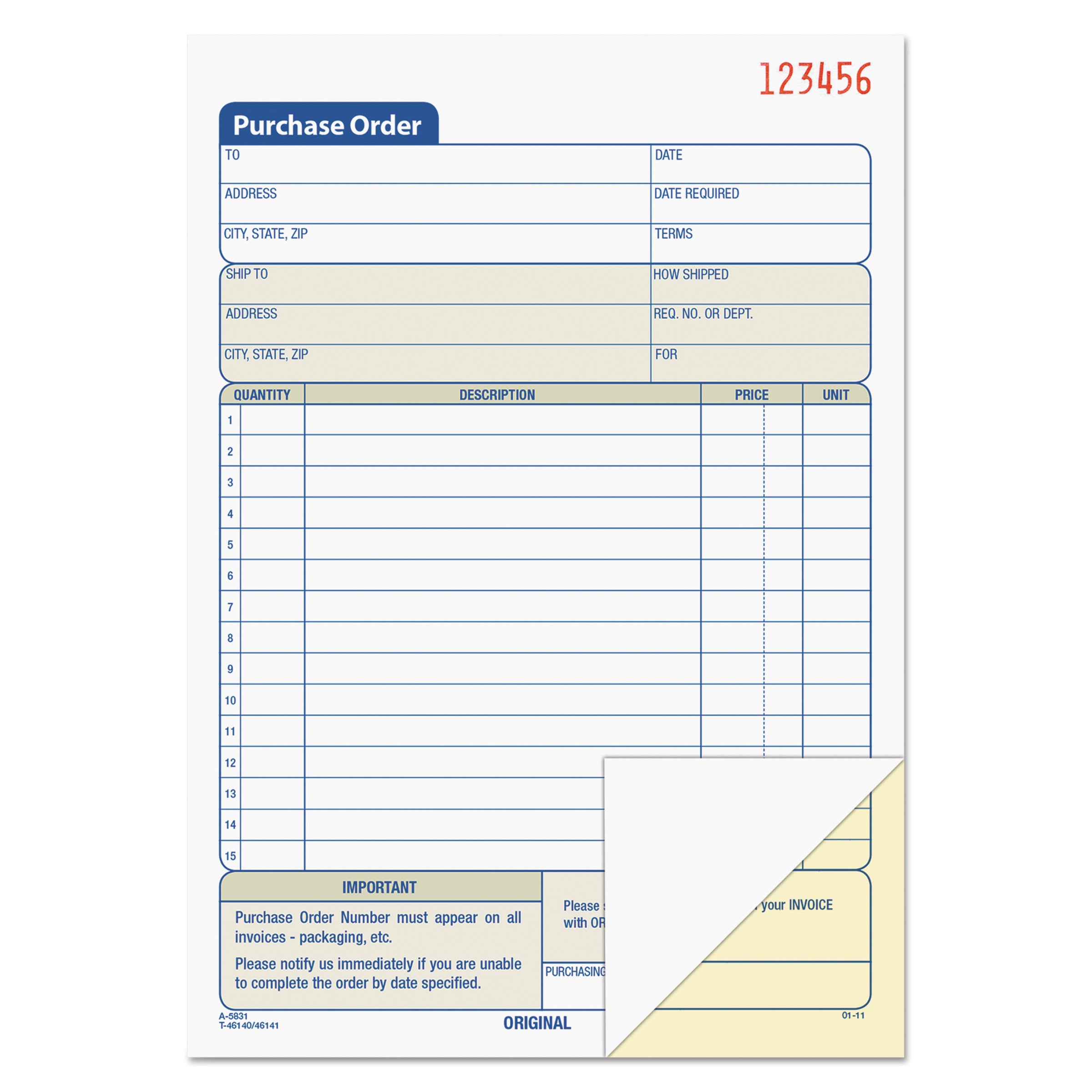 Purchase Order Book, 12 Lines, Two-Part Carbonless, 5.56 x 8.44, 50 Forms Total -