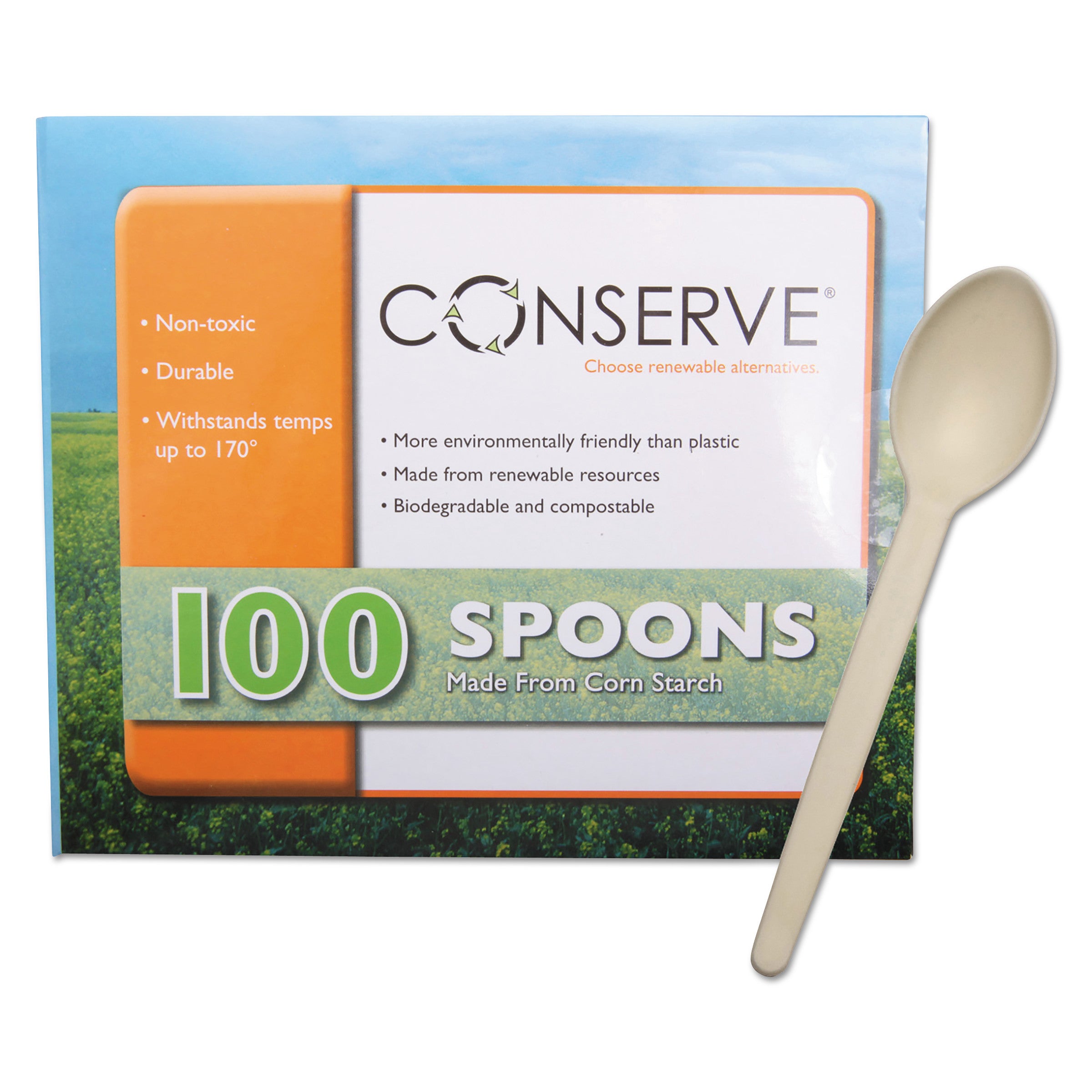 Corn Starch Cutlery, Spoon, White, 100/Pack -