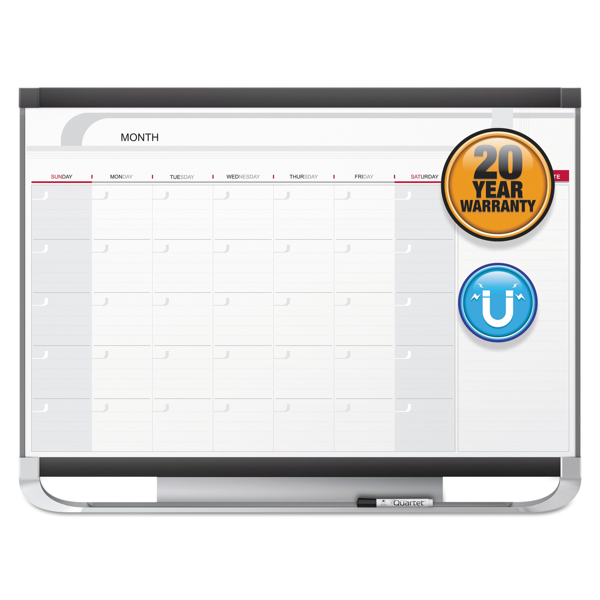 Prestige 2 Magnetic Total Erase Monthly Calendar, 48 x 36, White Surface, Graphite Fiberboard/Plastic Frame -