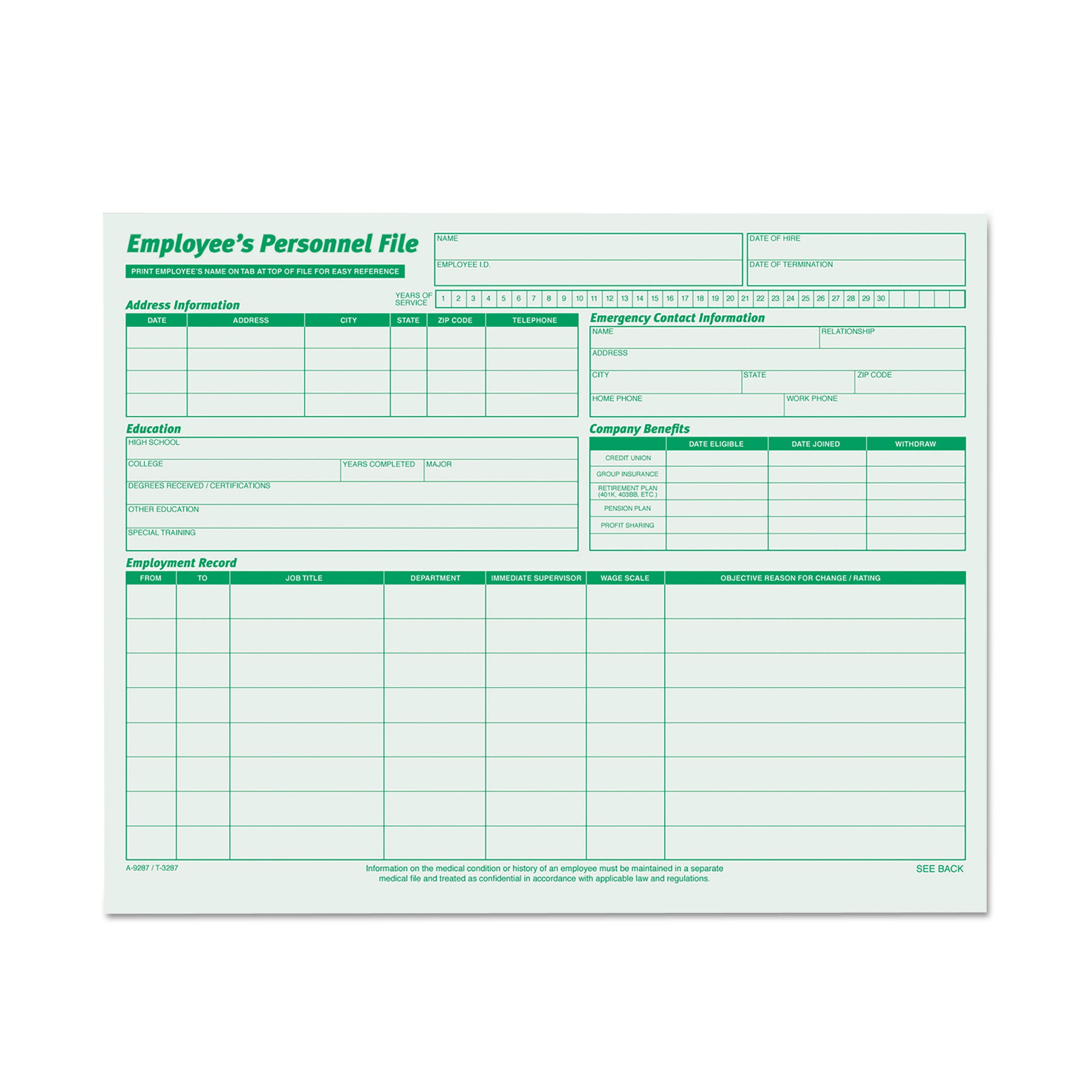 Employee's Record File Folder, Straight Tabs, Letter Size, Index Stock, Green, 20/Pack -