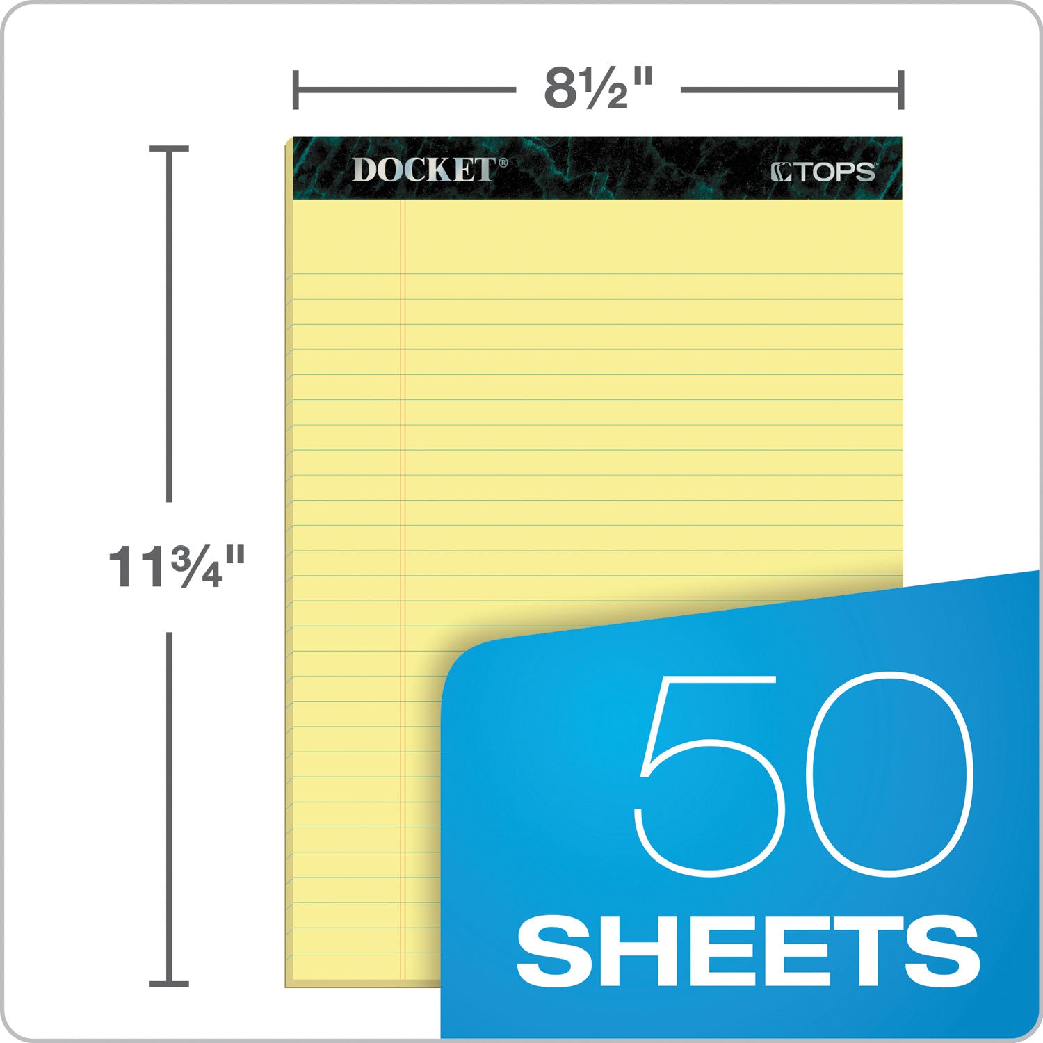 Docket Ruled Perforated Pads, Wide/Legal Rule, 50 Canary-Yellow 8.5 x 11.75 Sheets, 12/Pack -