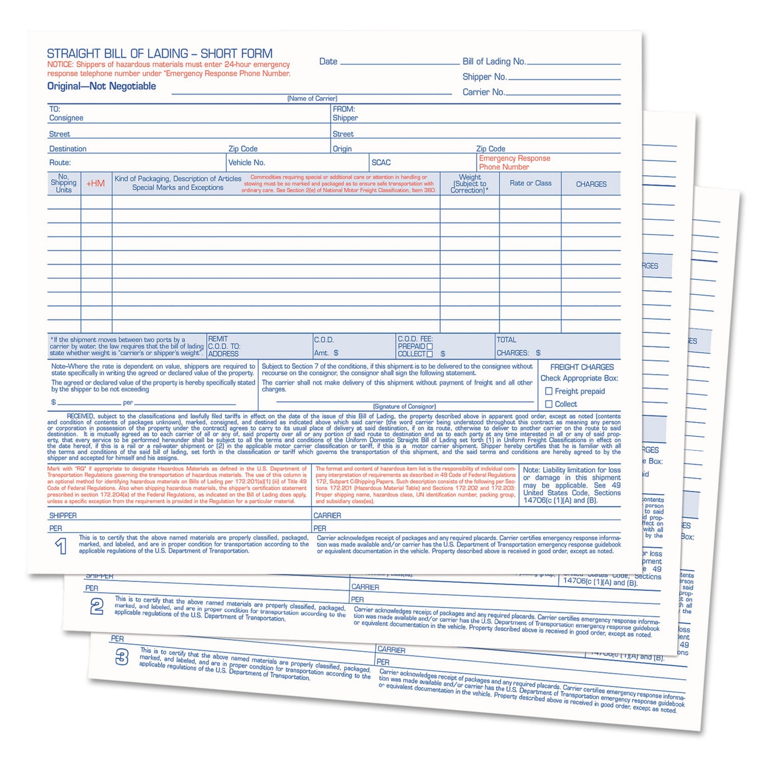 Hazardous Material Short Form, Three-Part Carbonless, 7 x 8.5, 250 Forms Total -