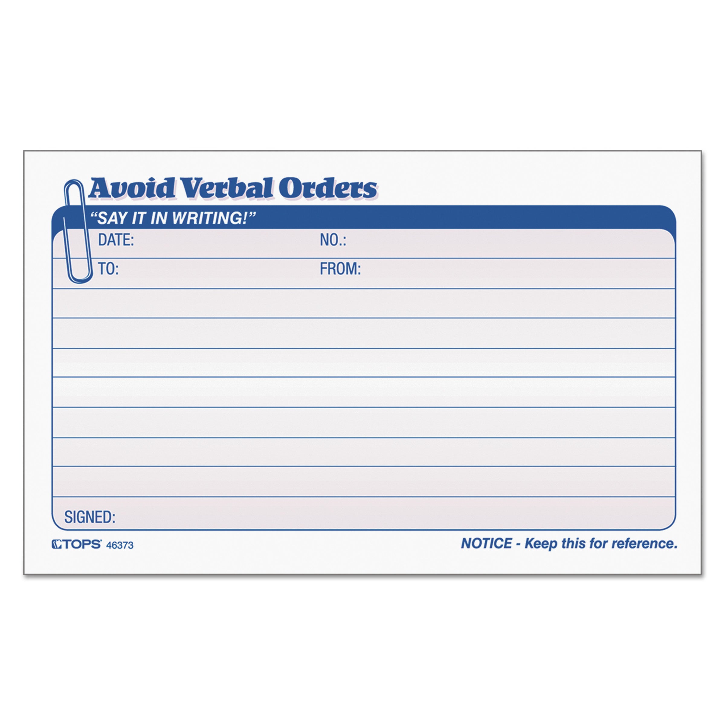 Avoid Verbal Orders Manifold Book, Two-Part Carbonless, 6.25 x 4.25, 50 Forms Total -