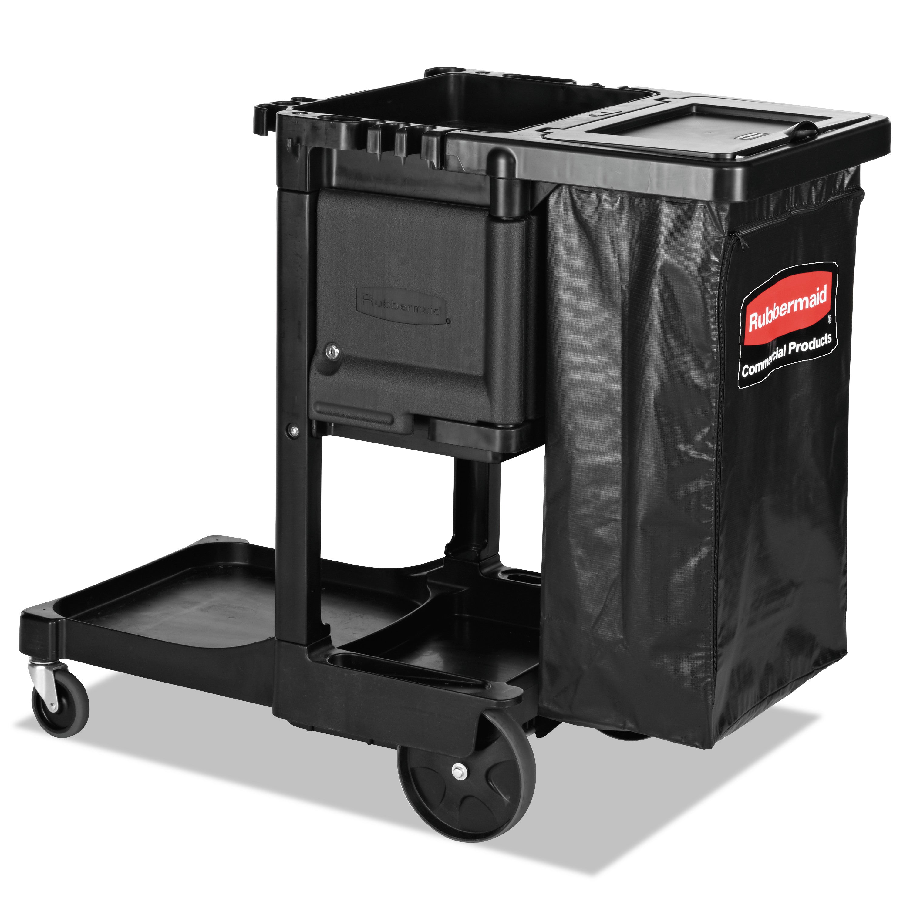 Executive Janitorial Cleaning Cart, Plastic, 4 Shelves, 1 Bin, 12.1" x 22.4" x 23", Black -