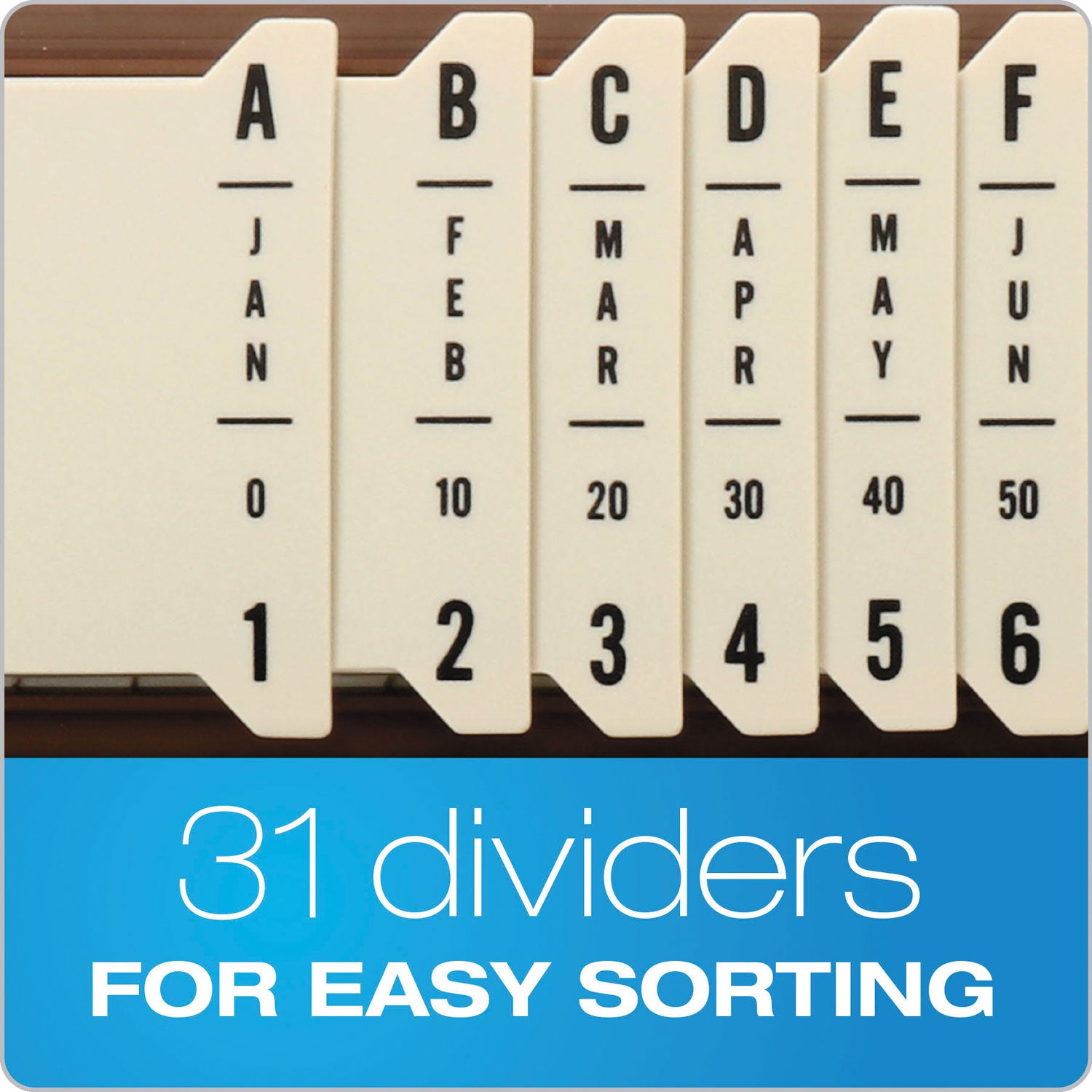 General Purpose Indexed Sorter, 31 Dividers, Alpha/Numeric/Month/Date/Day Index, Letter Size, Brown Frame -