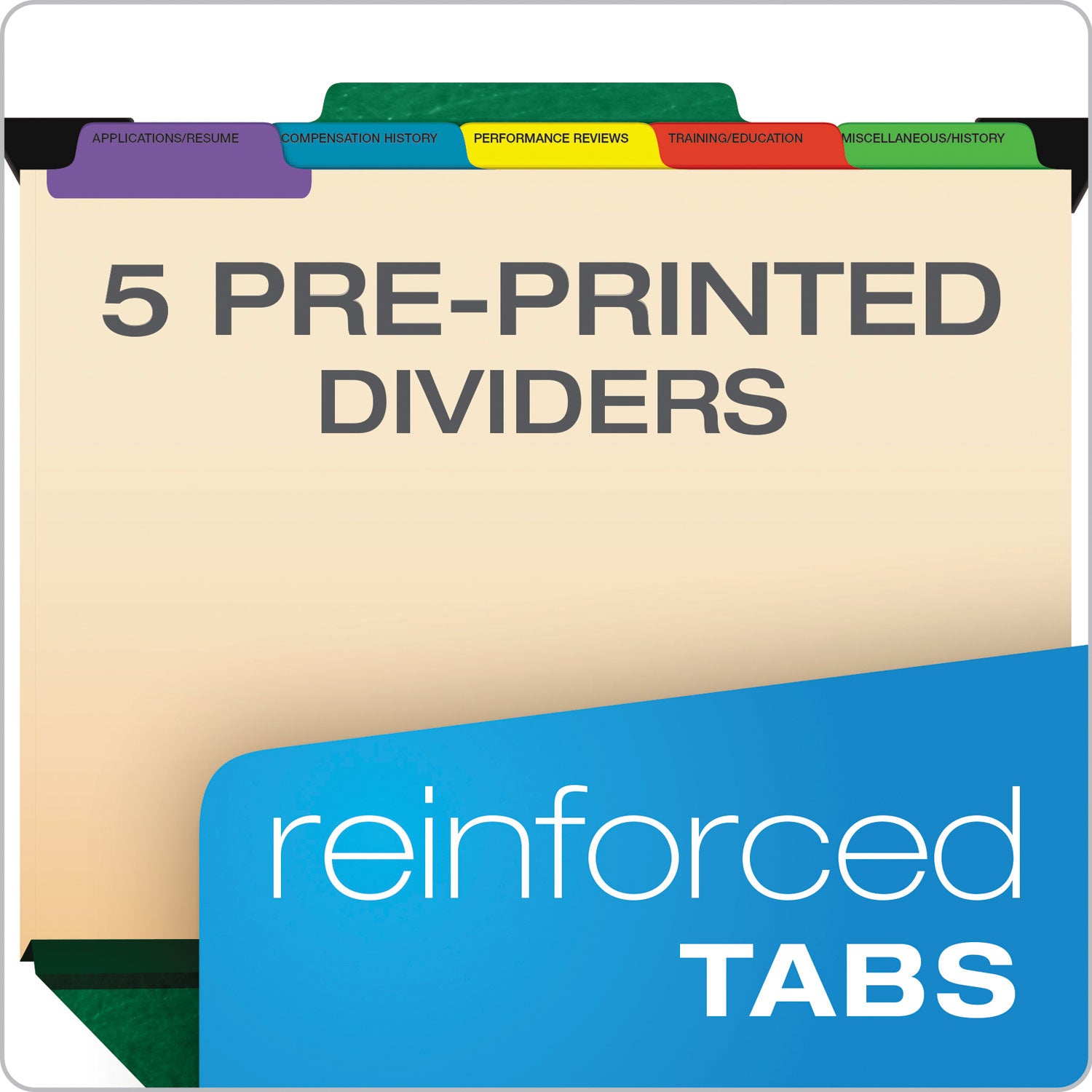 Hanging-Style Personnel Folders, 5 Dividers with 1/5-Cut Tabs, Letter Size, 1/3-Cut Exterior Tabs, Green -