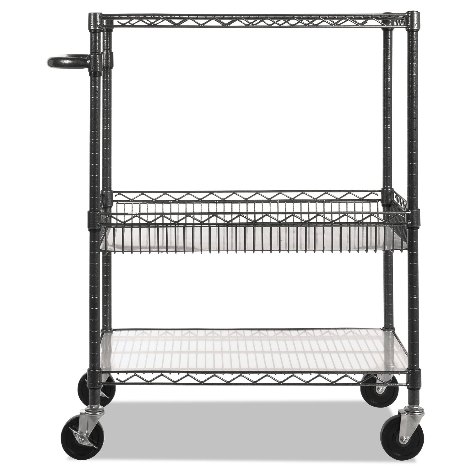 Three-Tier Wire Cart with Basket, Metal, 2 Shelves, 1 Bin, 500 lb Capacity, 34" x 18" x 40", Black Anthracite -