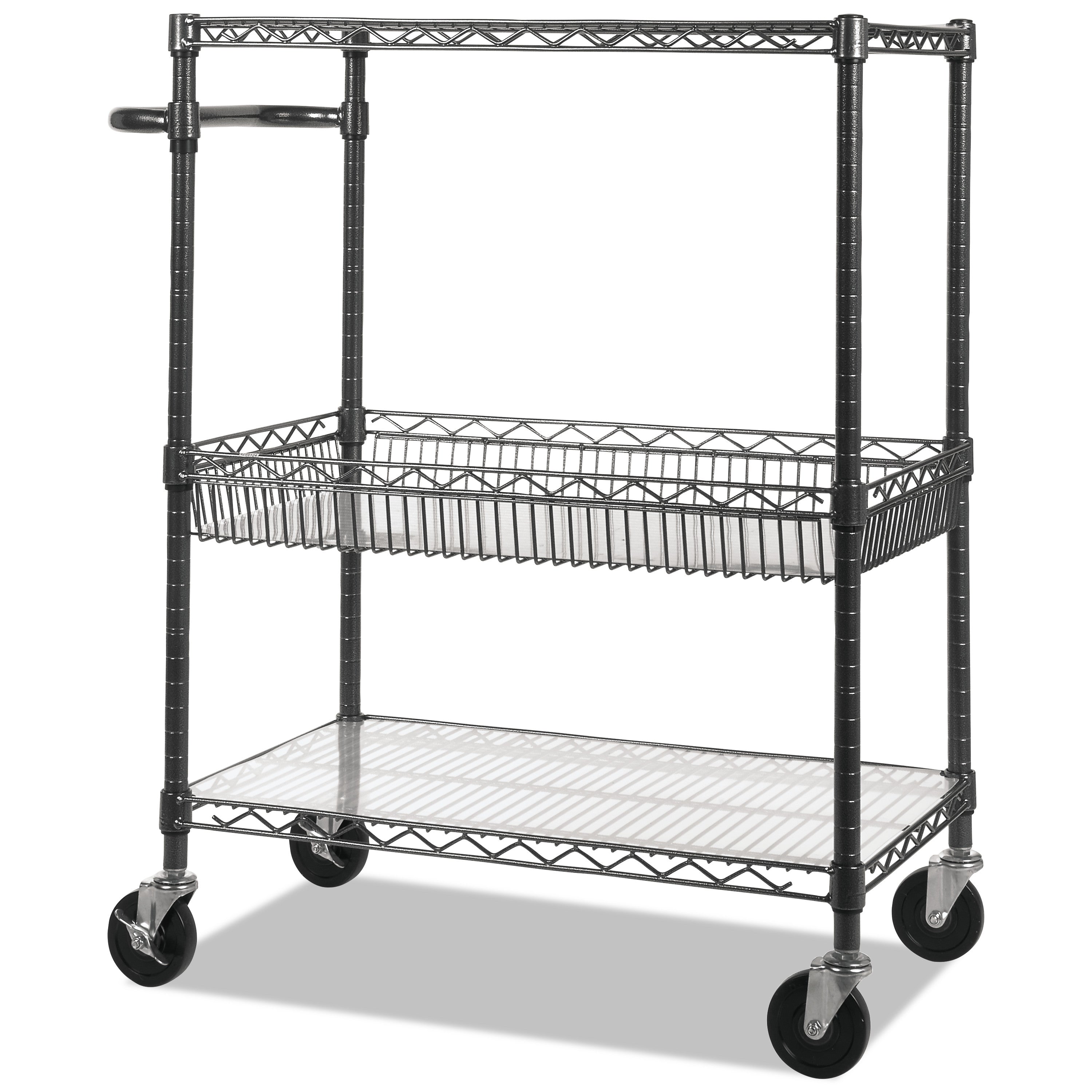 Three-Tier Wire Cart with Basket, Metal, 2 Shelves, 1 Bin, 500 lb Capacity, 34" x 18" x 40", Black Anthracite -